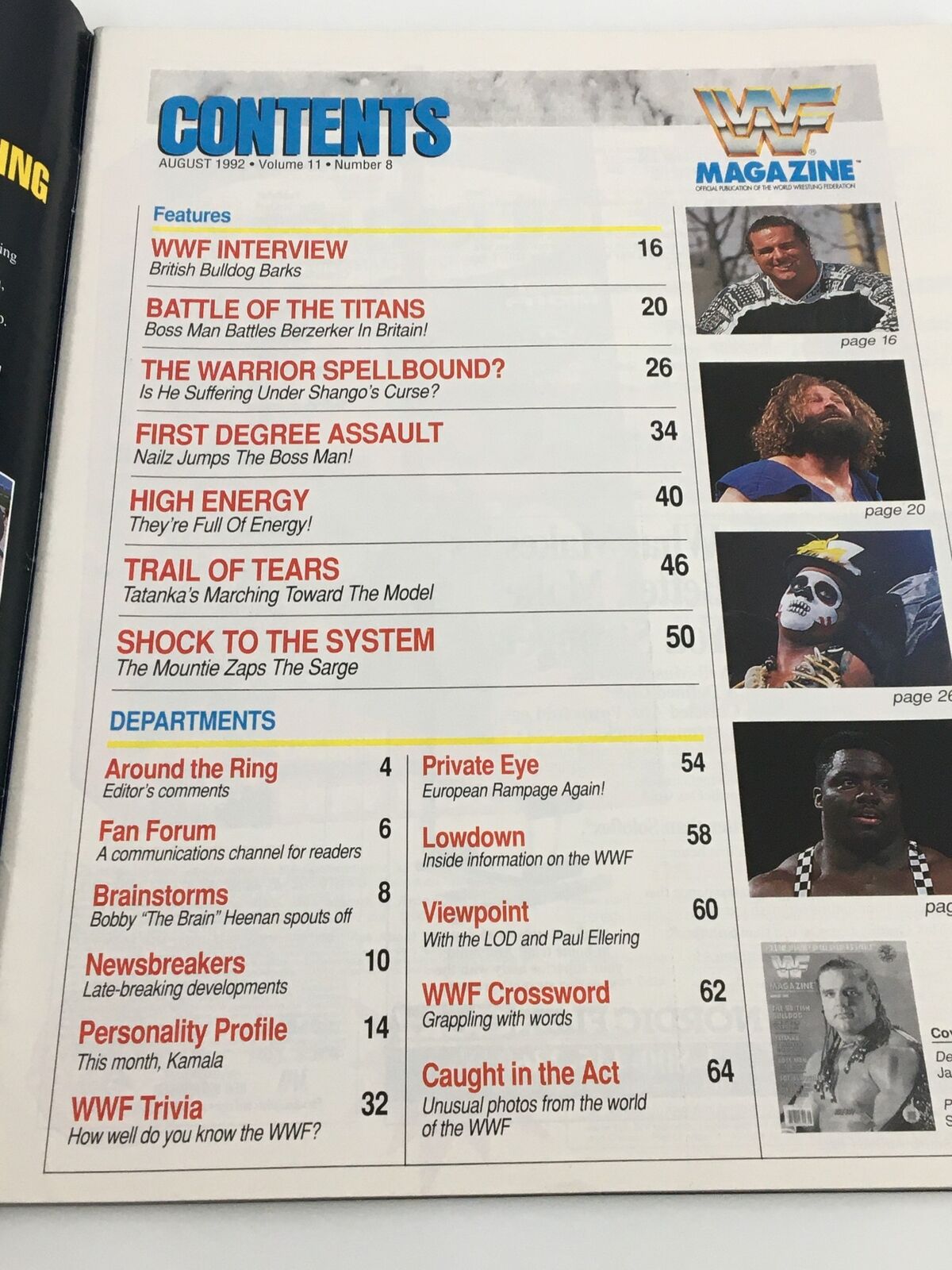 Table of contents page from VTG WWF Magazine August 1992 detailing features and departments, including WWF interview and articles on various wrestling personalities.