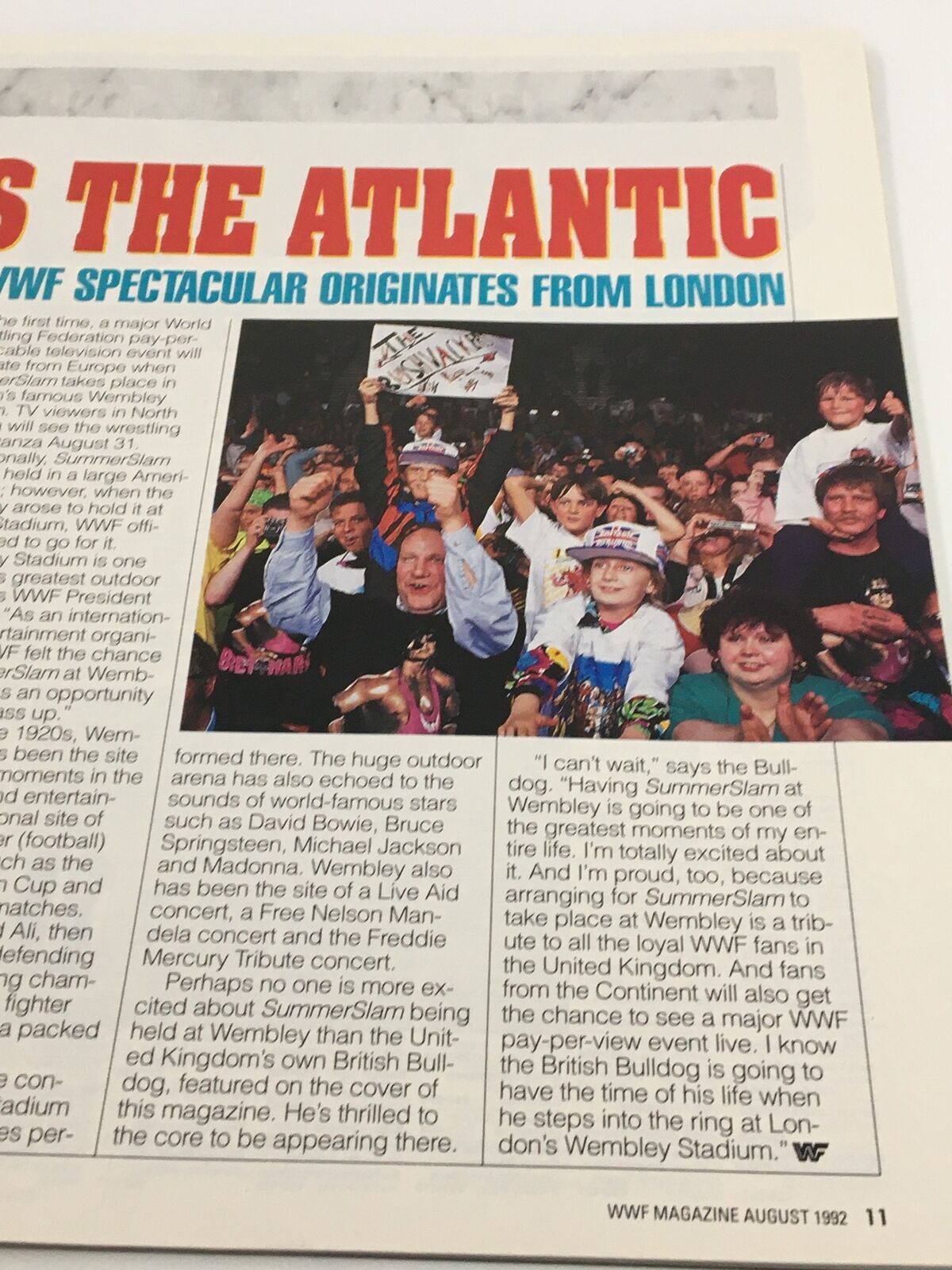 WWF Magazine August 1992 feature on SummerSlam at Wembley, showcasing enthusiastic fans holding signs and celebrating wrestling.