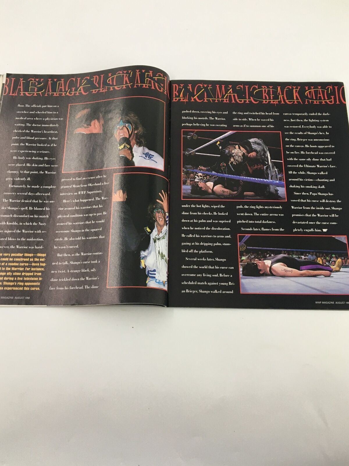Page from WWF Magazine August 1992 featuring an article on wrestling characters, including images related to Black Magic. Highlights iconic wrestlers like The British Bulldog and Sgt. Slaughter.