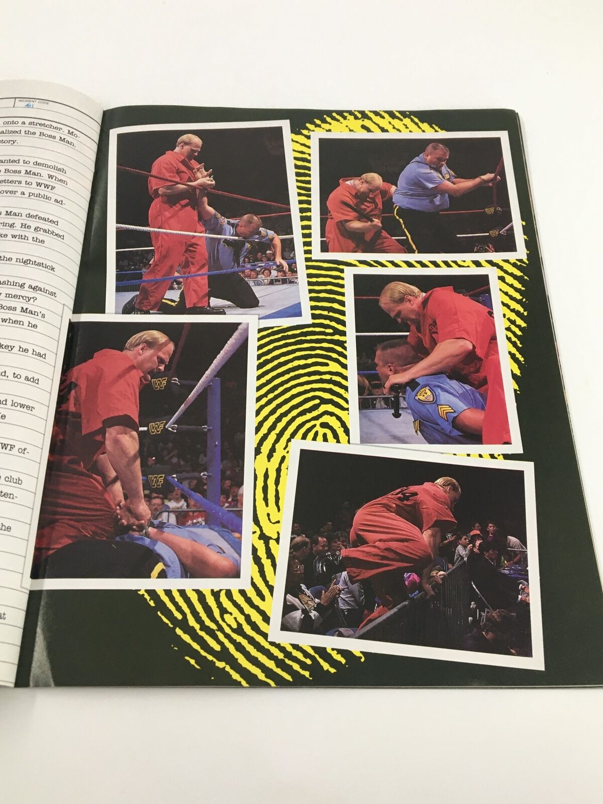 Page from WWF Magazine August 1992 showing a series of action shots of the Boss Man in a wrestling match, accompanied by a dramatic design, emphasizing the excitement of the WWF era.