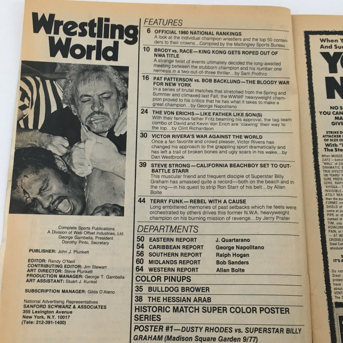 Cover of Wrestling World Magazine 1980 showcasing Dusty Rhodes vs. Superstar Billy Graham, featuring images of fighters and magazine highlights.