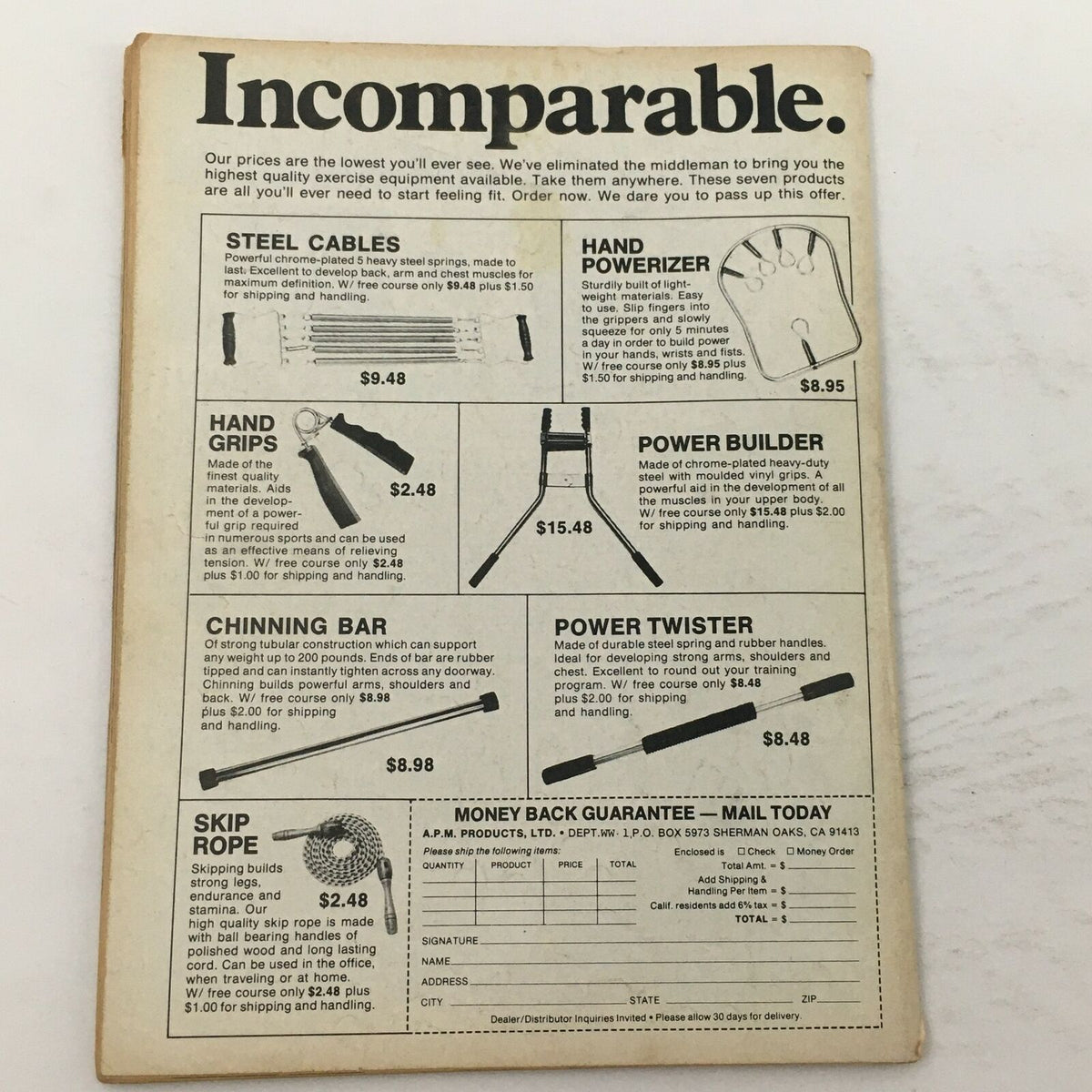 Back cover of Wrestling World Magazine 1980 advertising fitness equipment, including steel cables and hand grips, with pricing listed.