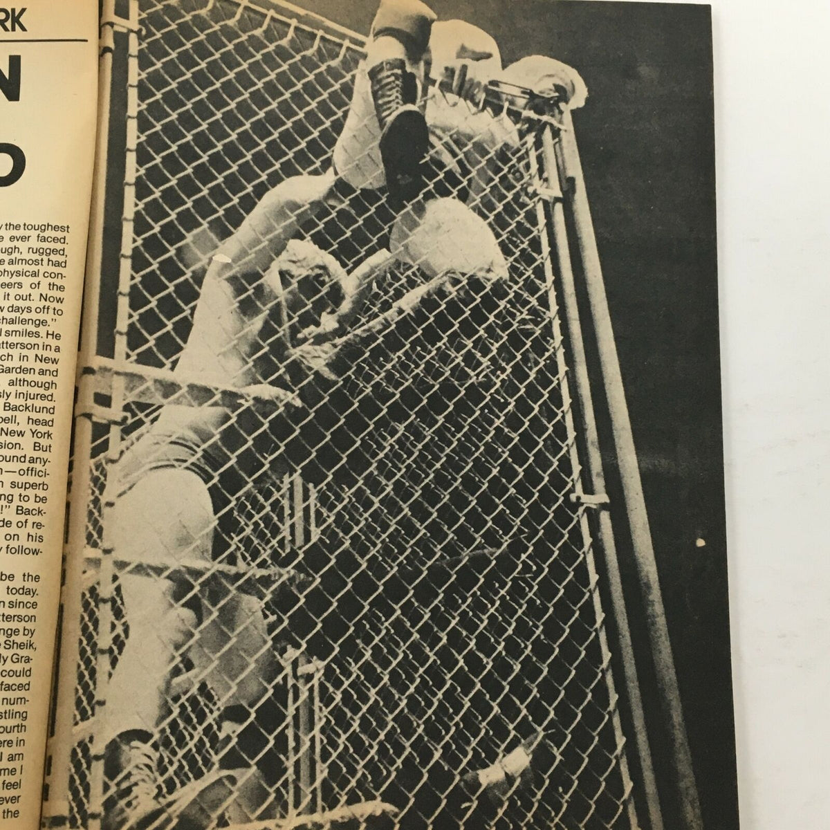 Wrestling action photo inside Wrestling World Magazine 1980, featuring two wrestlers scaling a chain link fence during a match.