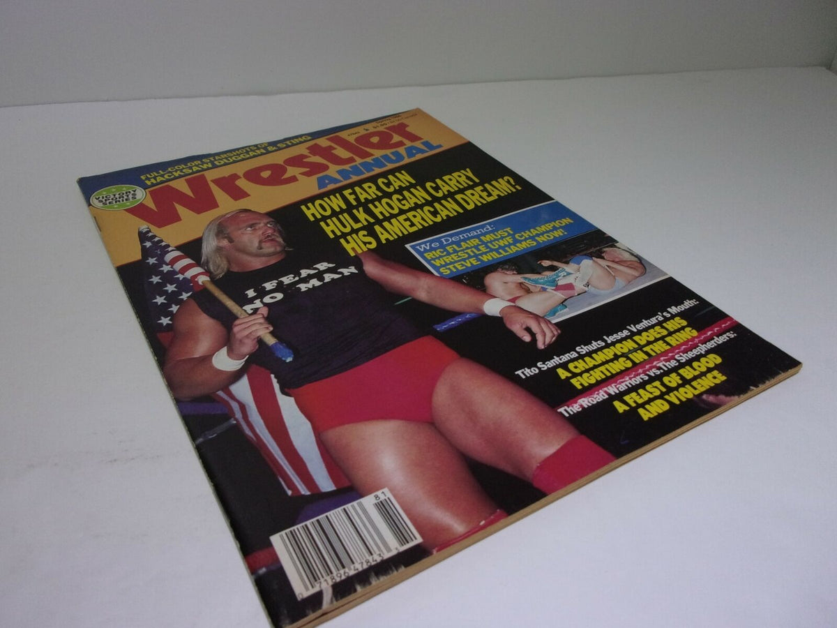 Victory Sports Series Wrestle Annual Spring 1988 featuring Hulk Hogan on the cover, showcasing the wrestling legend holding an American flag, set against a vibrant magazine backdrop. Perfect for wrestling collectors.