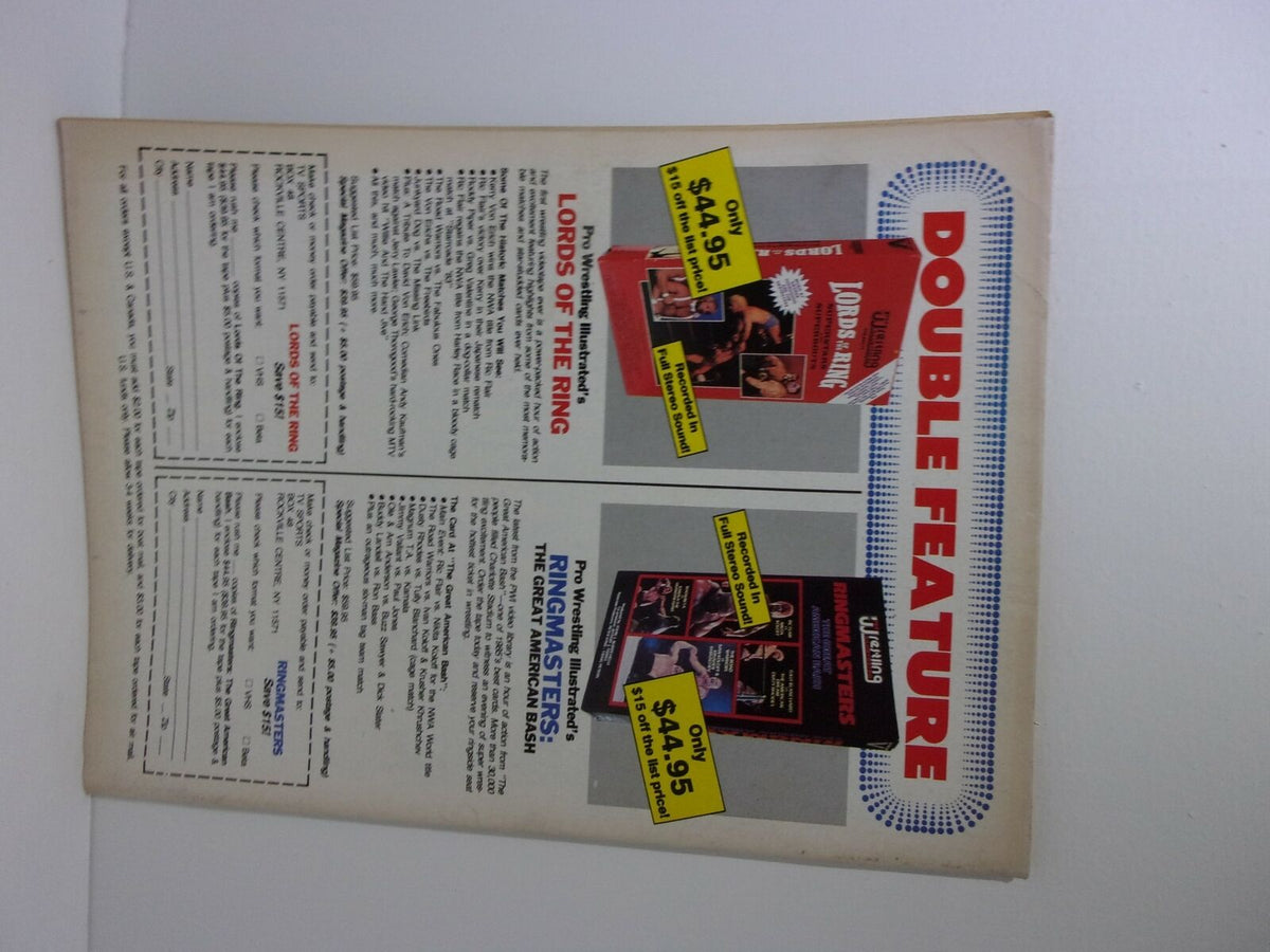 Back page of Victory Sports Series Wrestle Annual Spring 1988, featuring advertising for wrestling-related content, labeled as 'Double Feature'.