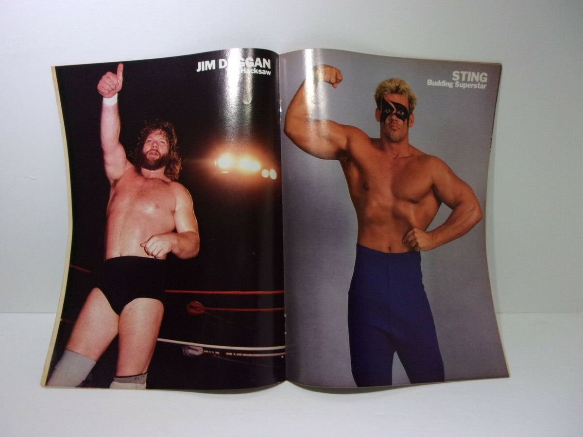 Inside spread of Victory Sports Series Wrestle Annual Spring 1988, featuring images of wrestlers Jim Duggan and Sting, showcasing wrestling culture of the era.
