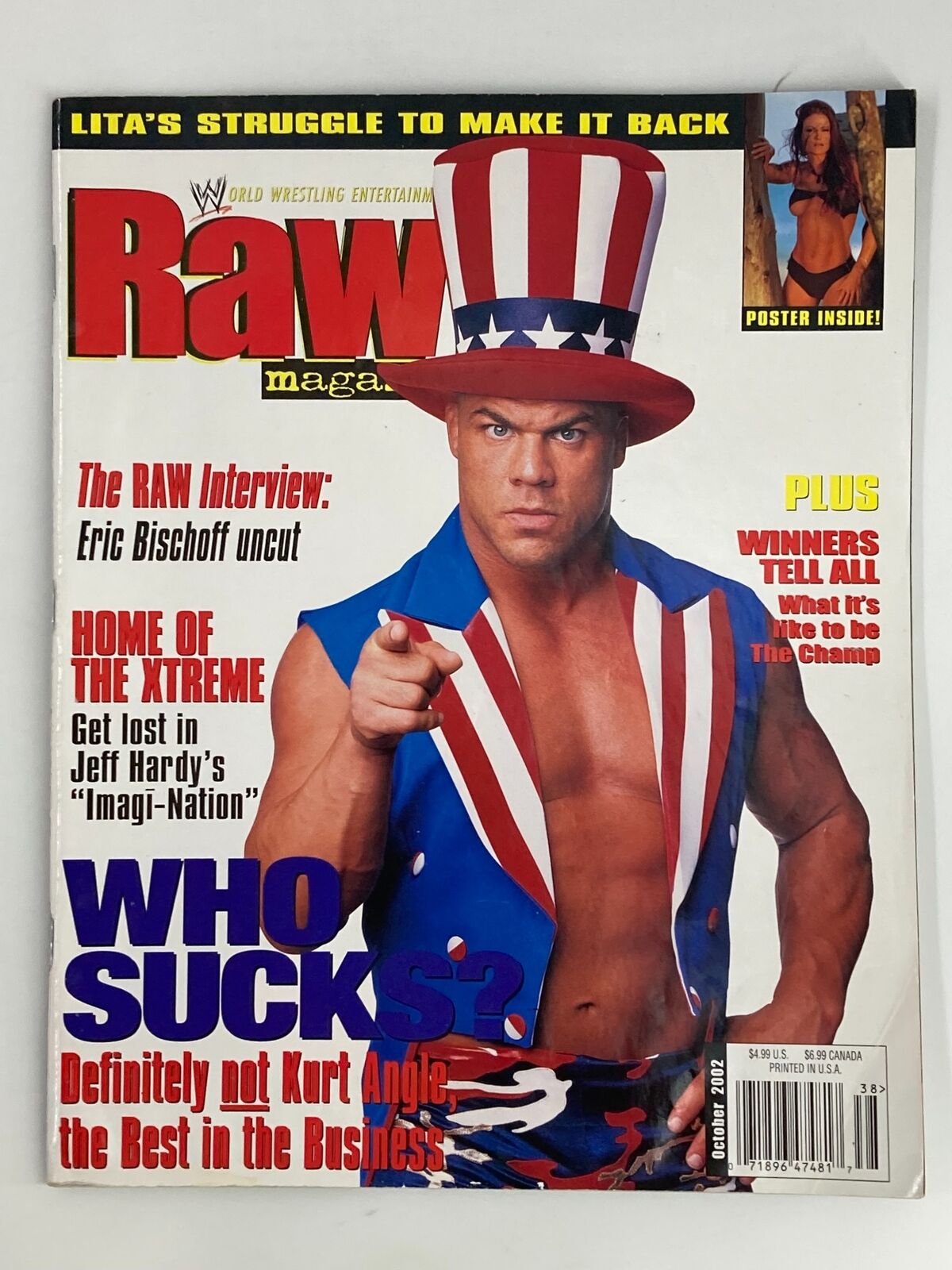 WWE Raw Magazine October 2002 cover featuring Kurt Angle dressed in a patriotic outfit, pointing at the camera, with headlines about wrestling content.