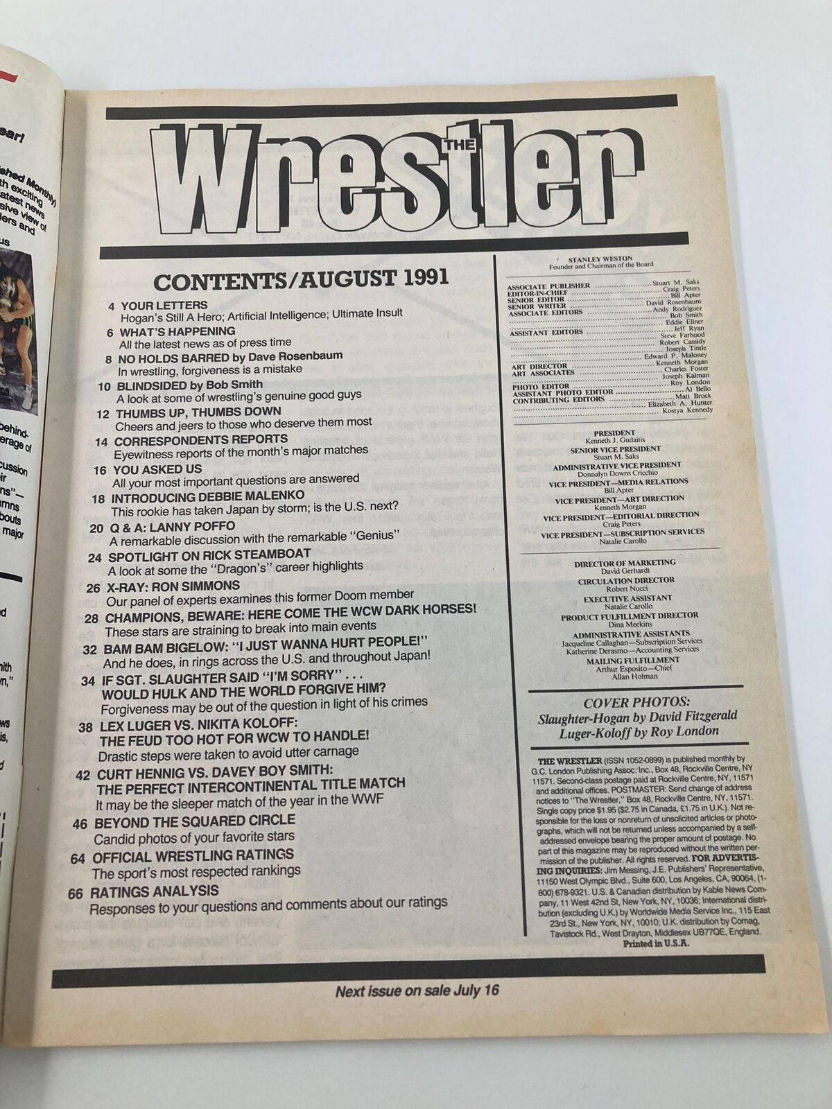Inside contents page of The Wrestler Magazine August 1991, showcasing articles and features about wrestling stars and events.