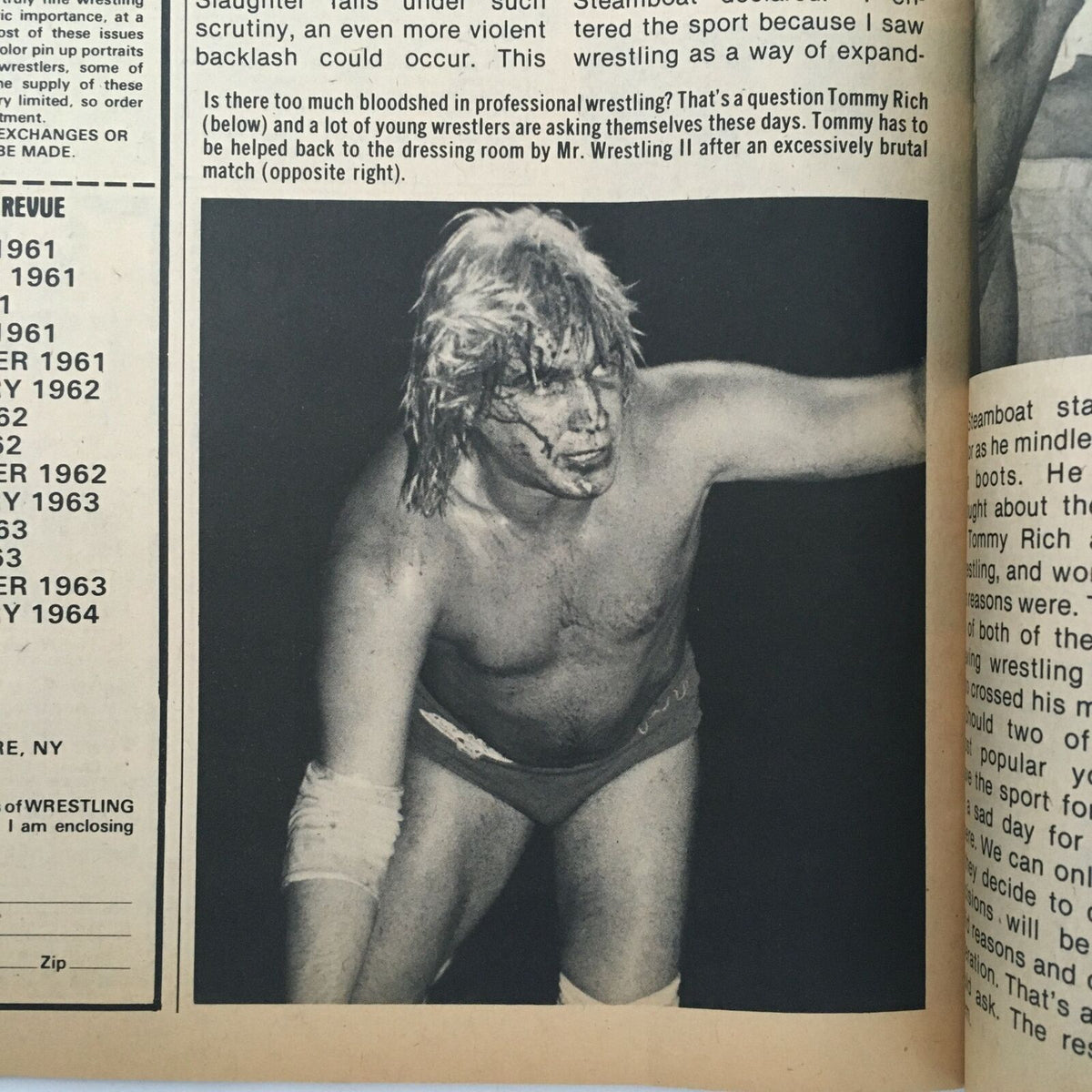 Page from The Wrestler Magazine August 1982 featuring a black-and-white photo of Tommy Rich after a wrestling match, depicting his struggle.