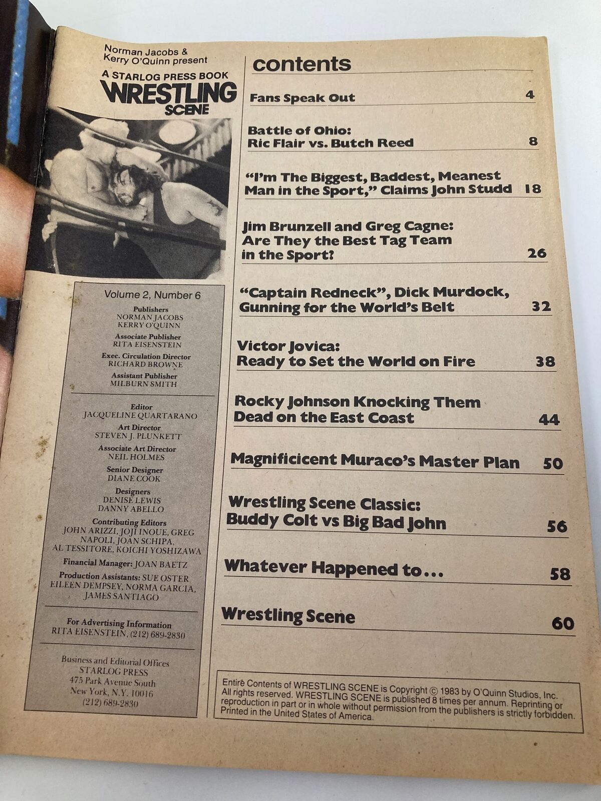 Contents page of VTG Wrestling Scene Magazine May 1983, detailing articles and features including Butch Reed vs Ric Flair match and other wrestling personalities.