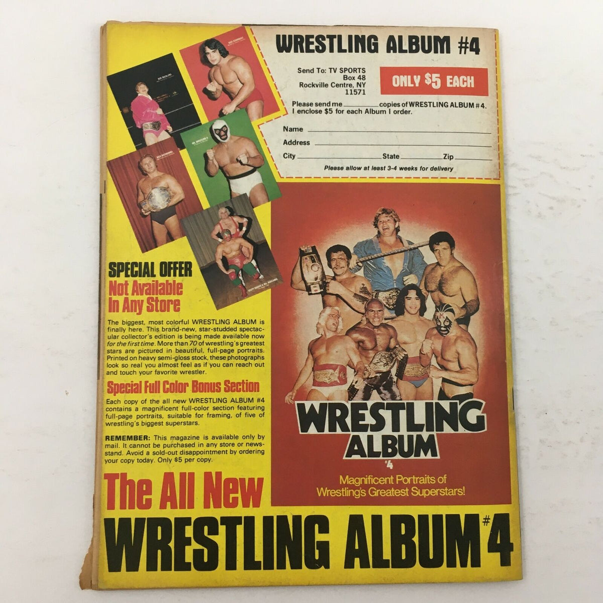 Back cover of Wrestling Superstars Magazine Fall 1981 advertising Wrestling Album #4 with colorful portraits of wrestling superstars.