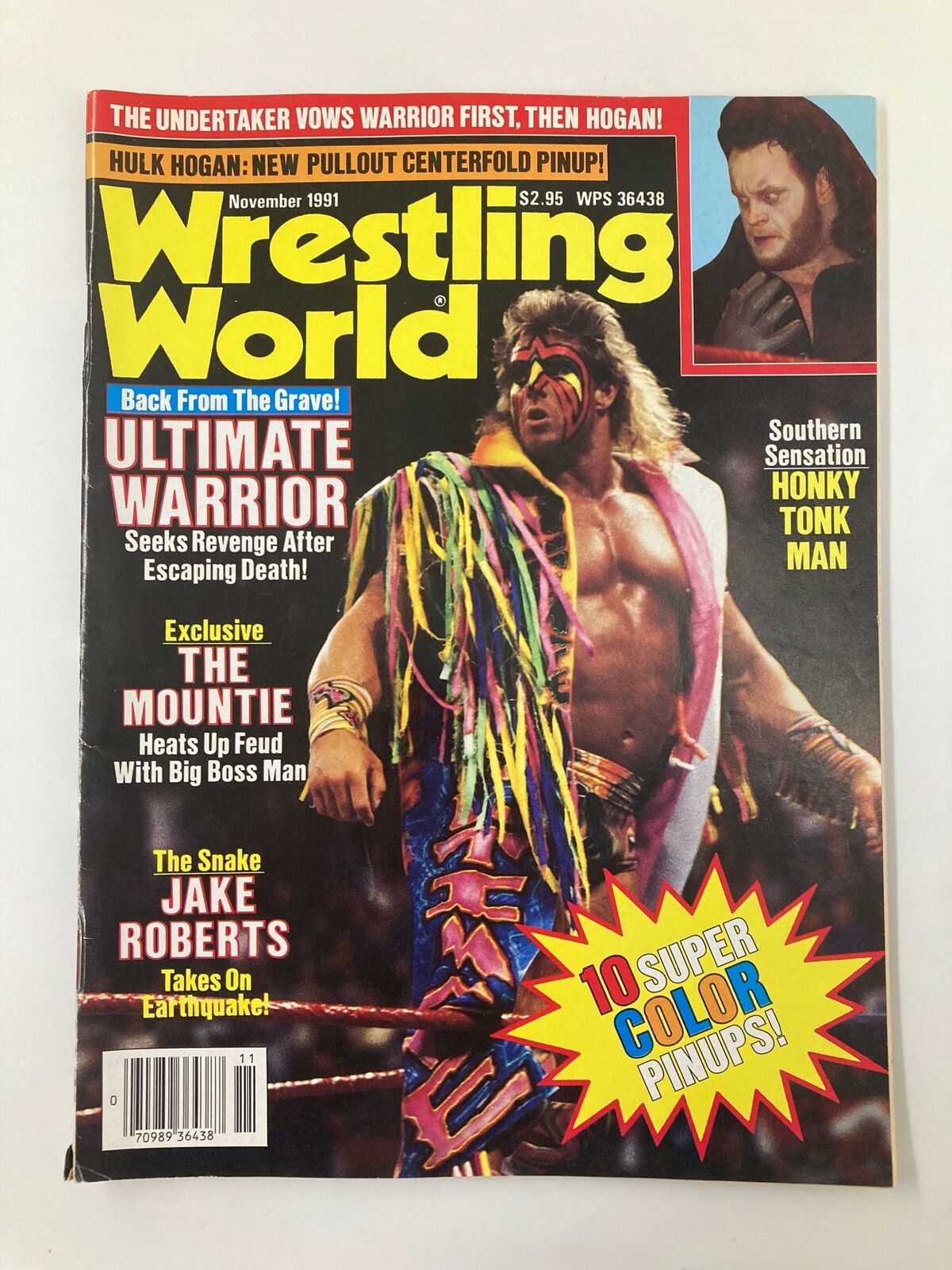 Cover of Wrestling World Magazine from November 1991 featuring Ultimate Warrior and Honky Tonk Man, showcasing vibrant colors and wrestling themes.