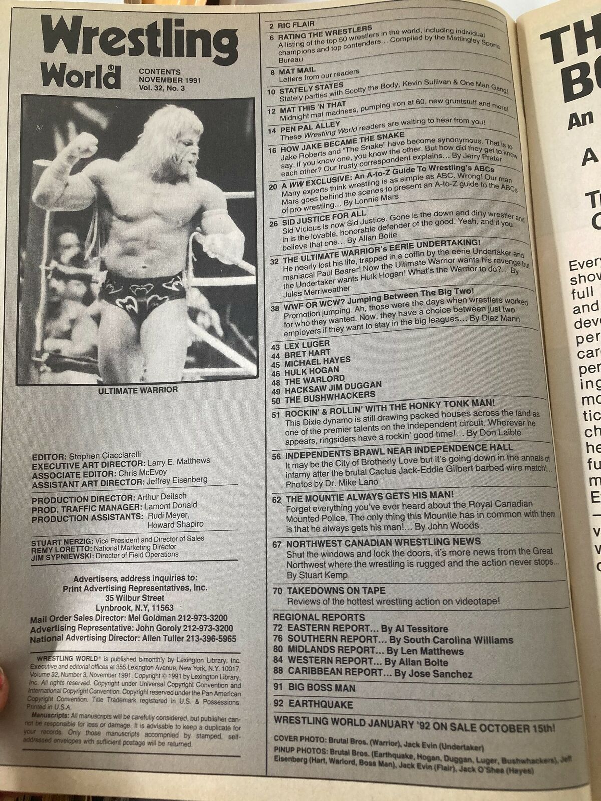 Page from Wrestling World Magazine November 1991 featuring the Ultimate Warrior, showcasing magazine contents and a historical glimpse into wrestling.