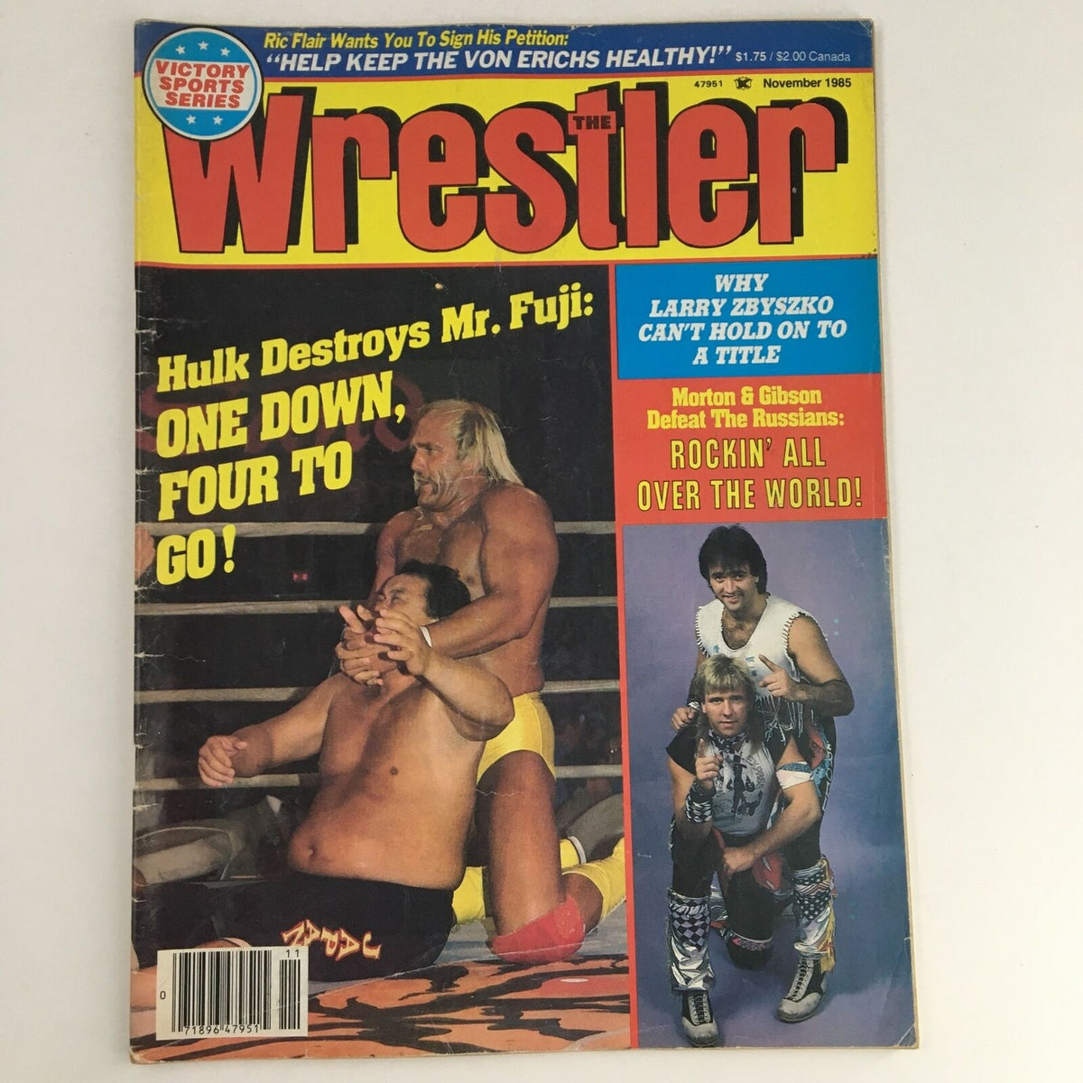The Wrestler Magazine November 1985 featuring Hulk Hogan and Mr. Fuji on the cover, showcasing wrestling action with notable headline 'Hulk Destroys Mr. Fuji: ONE DOWN, FOUR TO GO!'.