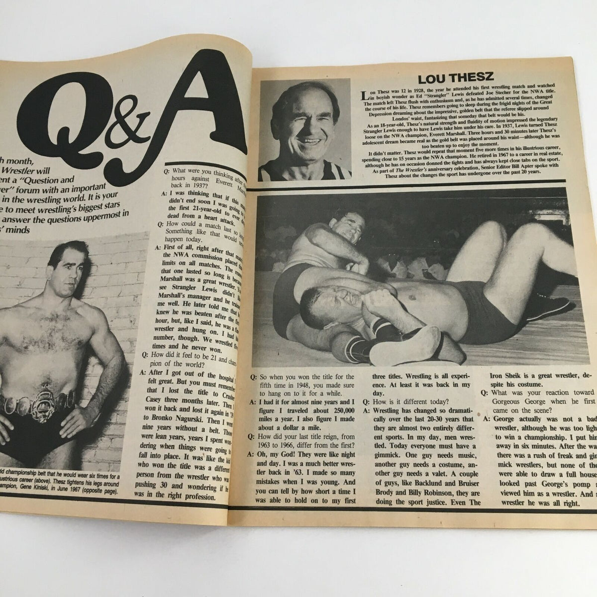 Q&A section from The Wrestler Magazine November 1985 featuring wrestling legend Lou Thesz, discussing his career and the evolution of professional wrestling.