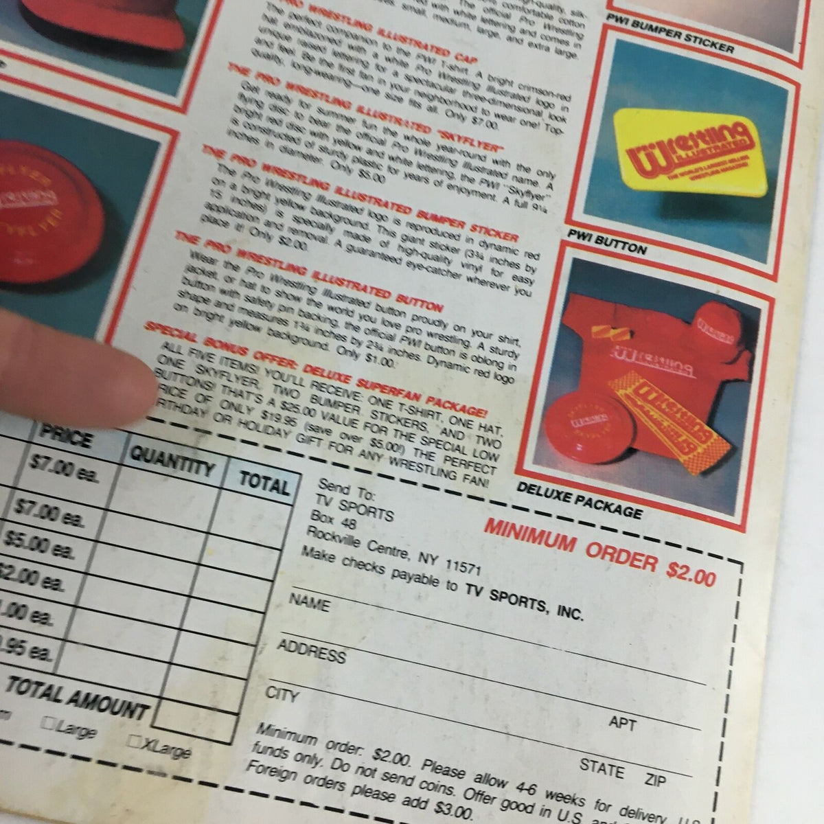 Close-up view of merchandise details from The Wrestler Magazine November 1985, highlighting PWI fan packages, pricing, and promotional items for wrestling enthusiasts.