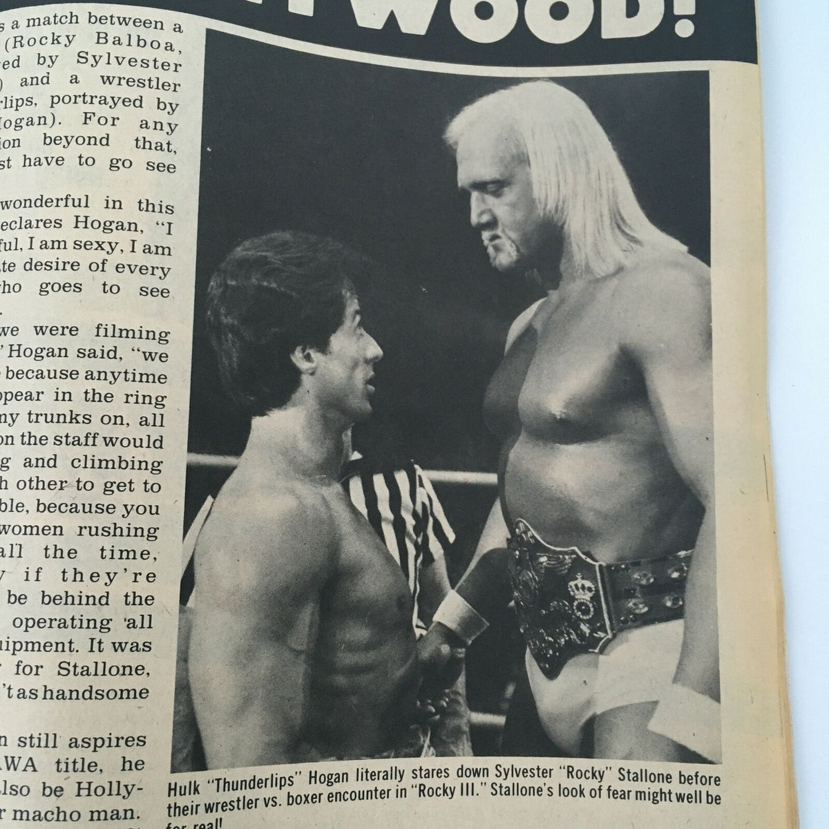 WWF Wrestling Magazine Summer 1982 article depicting Hulk Hogan and Sylvester 'Rocky' Stallone before their match in Rocky III.
