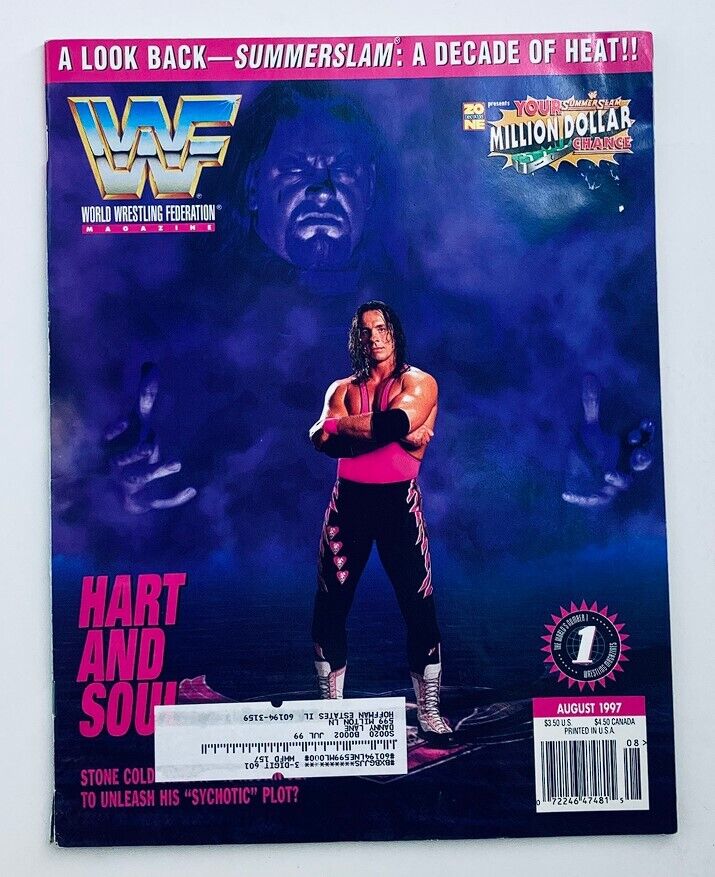 WWF World Wrestling Federation Magazine August 1997 featuring The Undertaker on the cover with the title 'HART AND SOUL' and vibrant imagery, showcasing an iconic moment in wrestling history.