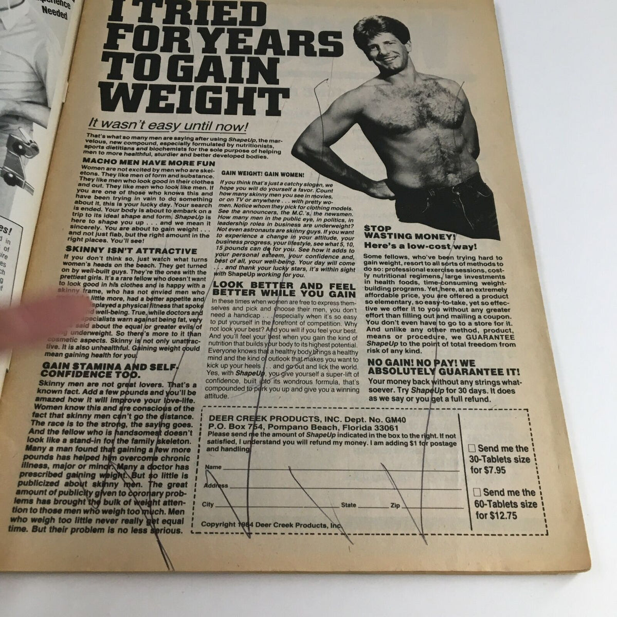 An article from The Wrestler Magazine June 1985 showcasing tips on gaining weight, featuring a shirtless man promoting a weight-gain product. Includes sections about confidence, health benefits, and a promotional offer.