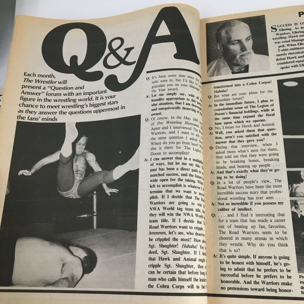 Q&A section from The Wrestler Magazine June 1985, featuring discussions with wrestling celebrities about industry insights and experiences. Highlights amateur wrestling highlights including a photo of wrestlers in action.