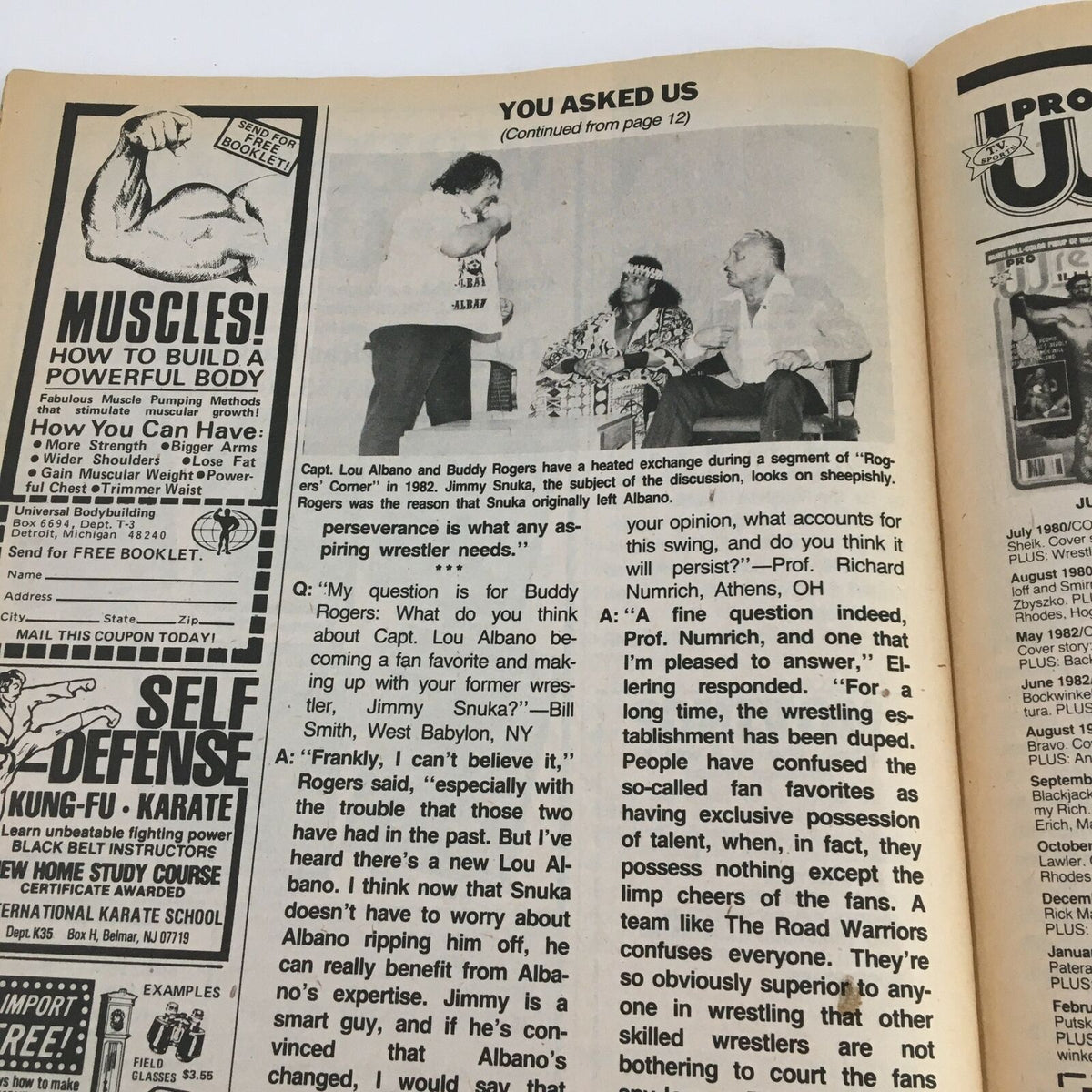 A reader Q&A segment in The Wrestler Magazine June 1985, discussing wrestling personalities and fan favorites. Features a photo of Lou Albano and Buddy Rogers during a discussion.