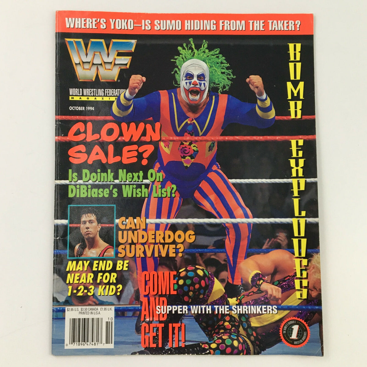 World Wrestling Federation Magazine October 1994 featuring Doink the Clown on the cover, showcasing vibrant colors and headlines about wrestling events.