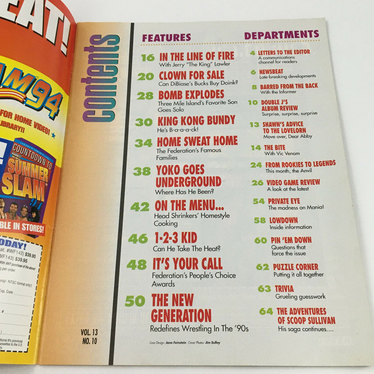 Inside contents page of the World Wrestling Federation Magazine October 1994, listing features and departments including articles on various wrestlers and events.