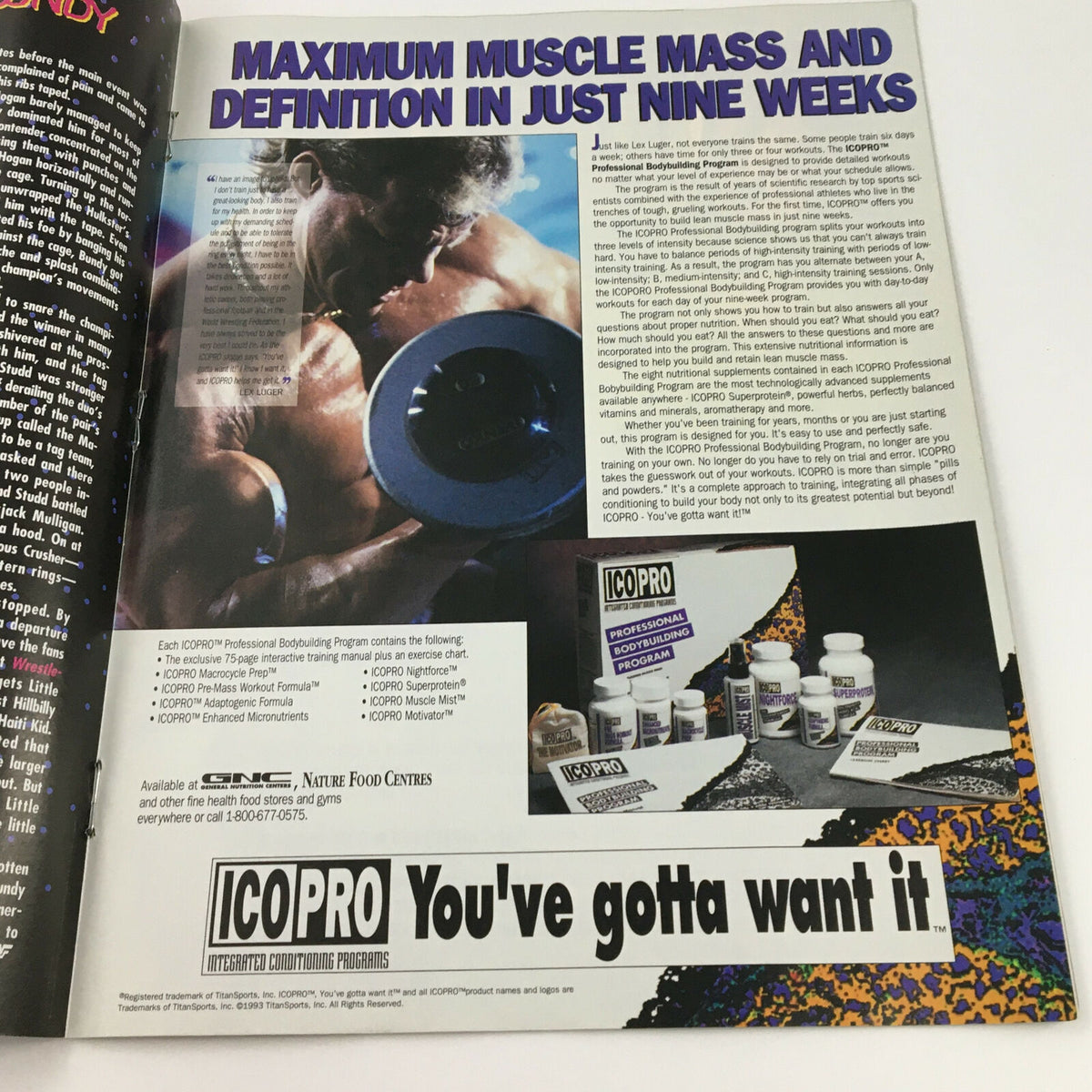 Promotional page from the World Wrestling Federation Magazine October 1994 highlighting the ICOPRO bodybuilding program, featuring a muscular male lifting weights and showcasing various ICOPRO products.