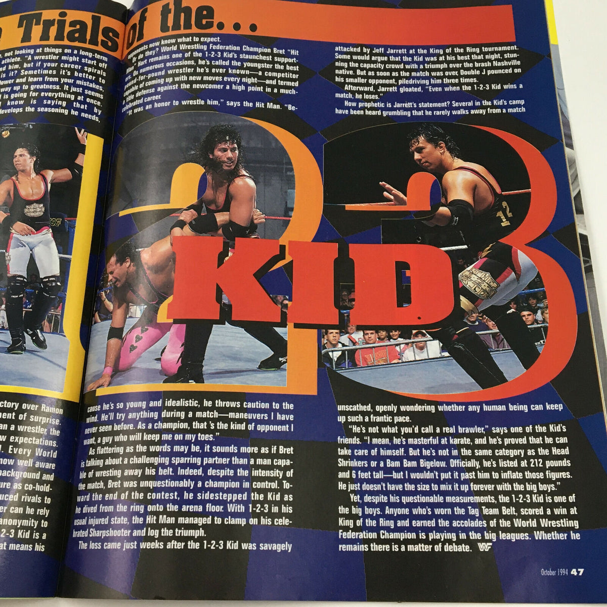 Article page from the World Wrestling Federation Magazine October 1994 discussing the trials of the 1-2-3 Kid, featuring images of WWE wrestlers in action, capturing the excitement of professional wrestling.