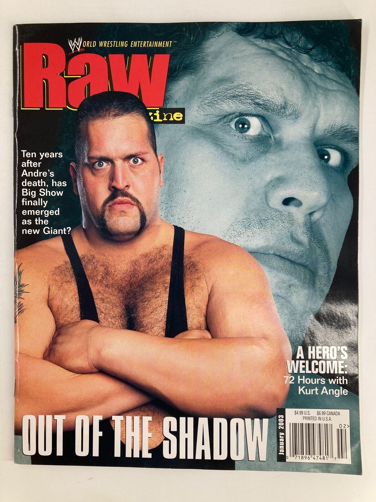 WWE Raw Magazine cover featuring The Big Show with the title 'Out of the Shadow' and a biography of Andre The Giant, highlighting features about their wrestling careers.