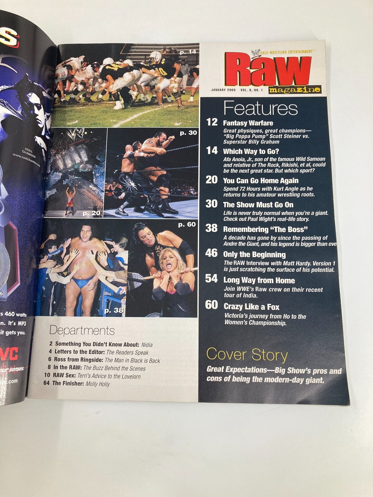 Inside page of WWE Raw Magazine from January 2003, showcasing features and articles including Kurt Angle and the cover story about The Big Show and Andre The Giant.