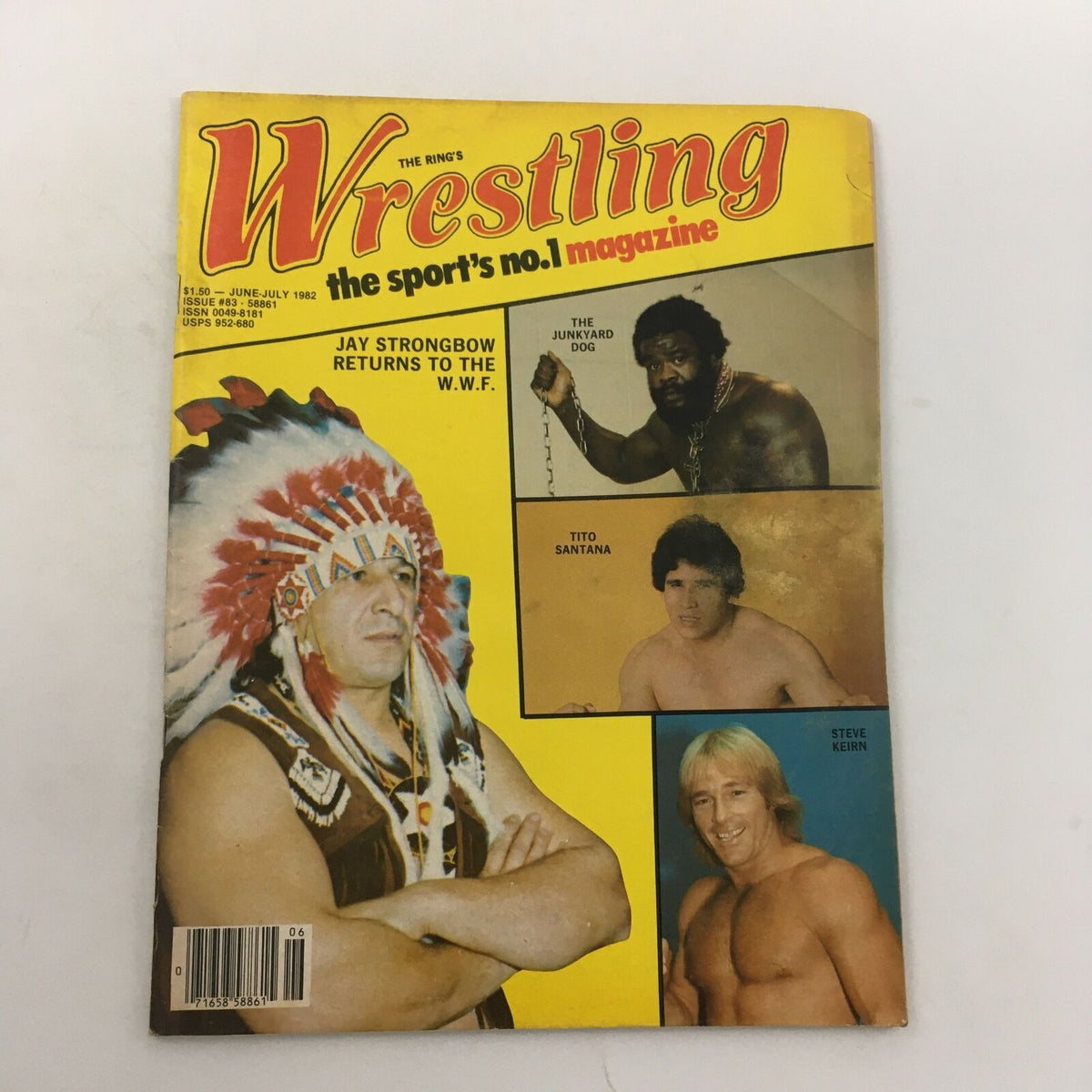 The Ring's Wrestling Magazine June July 1982 featuring cover illustration with notable wrestlers including Chief Jay Strongbow, The Junkyard Dog, Tito Santana, and Steve Keirn.