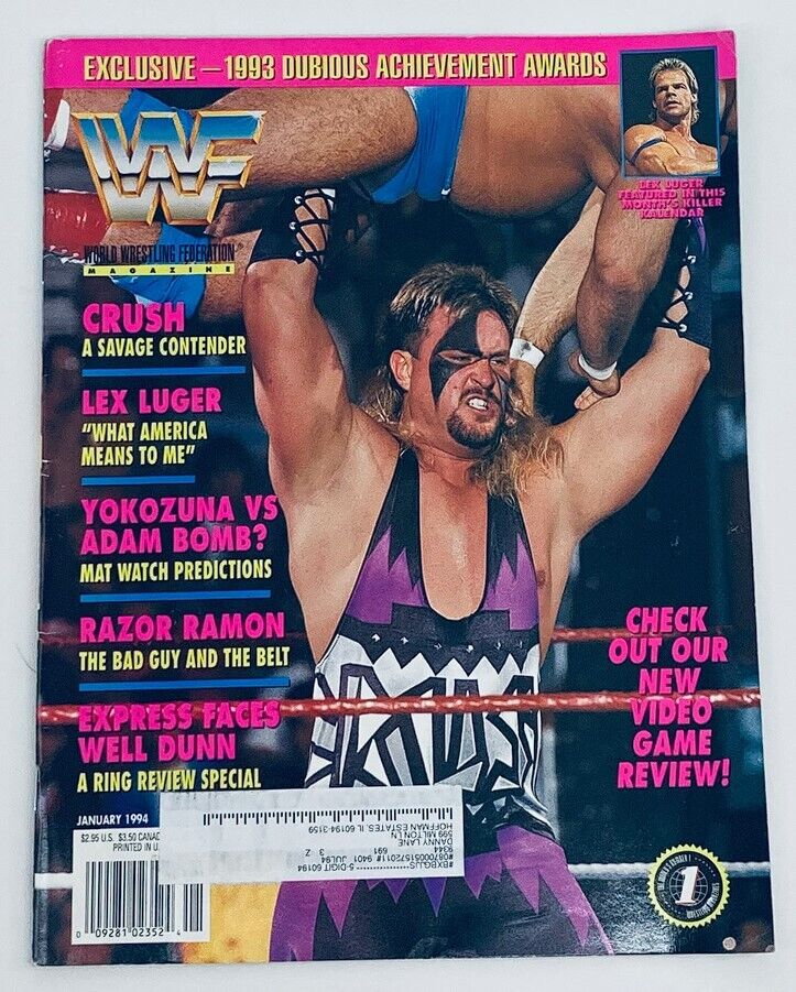 WWF World Wrestling Federation Magazine January 1994 cover showcasing Lex Luger and Razor Ramon, featuring highlights like the 1993 Dubious Achievement Awards, Yokozuna vs Adam Bomb predictions, and a new video game review.