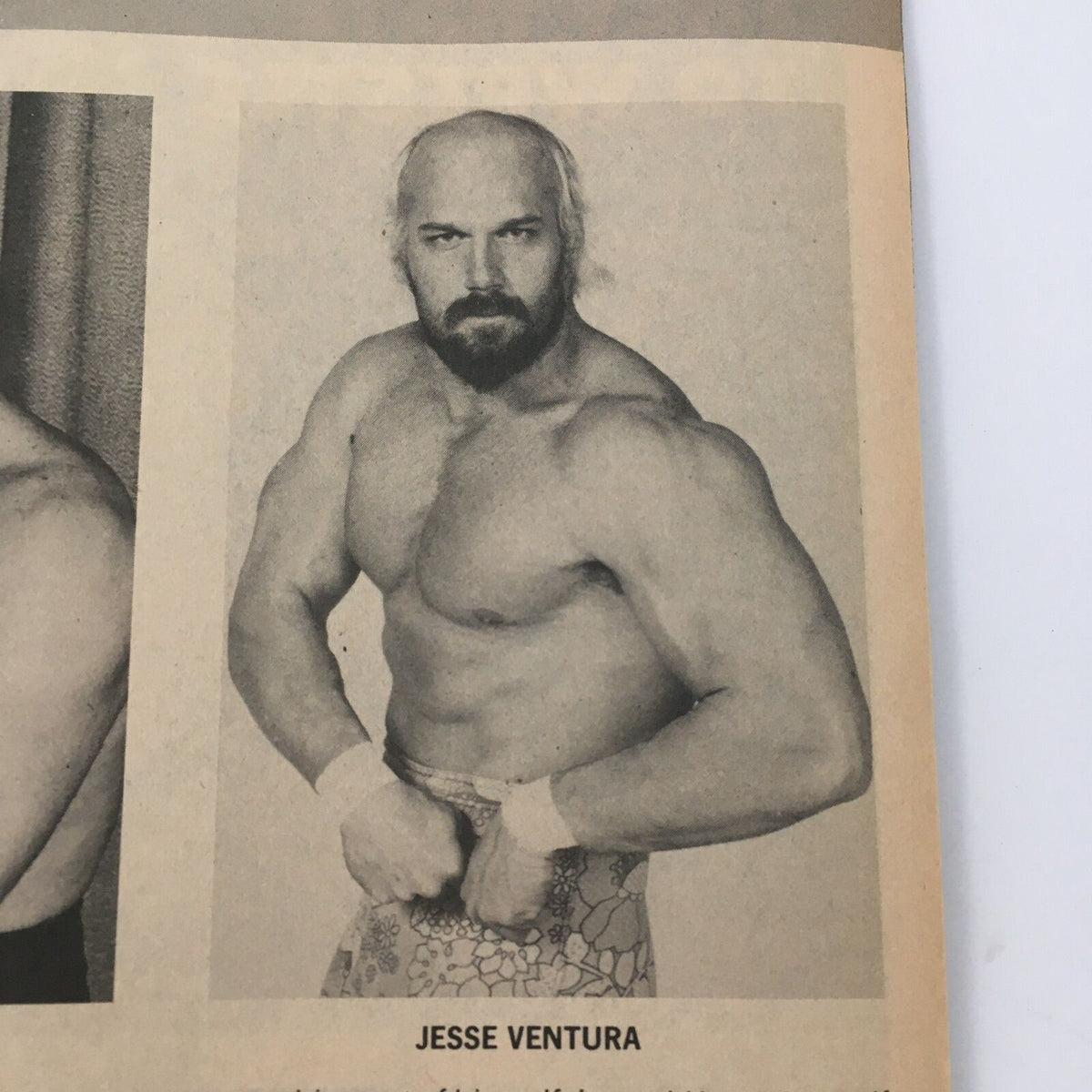 Black and white image of Jesse Ventura featured in Inside Wrestling Magazine September 1982, showcasing his iconic wrestling persona.