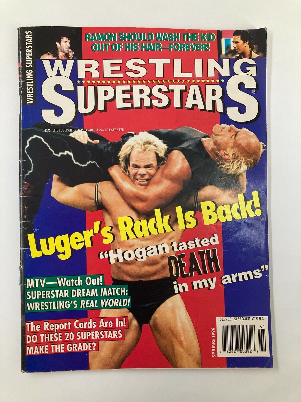 Wrestling Superstars Spring 1996 magazine cover featuring Lex Luger and Hulk Hogan in action, showcasing exciting headlines about wrestling nostalgia.