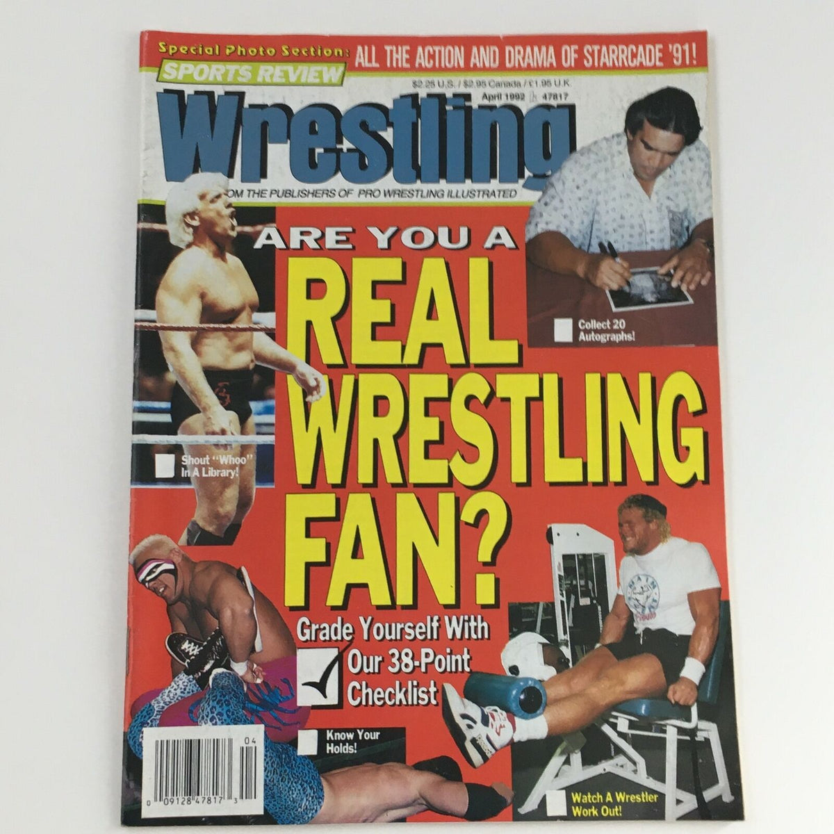 Cover of Sports Review Wrestling Magazine April 1992 featuring the title 'ARE YOU A REAL WRESTLING FAN?' with prominent wrestlers and colorful graphics.