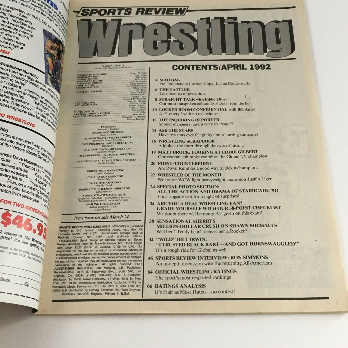 Contents page of Sports Review Wrestling Magazine April 1992 showcasing the various articles including interviews and features on wrestlers.