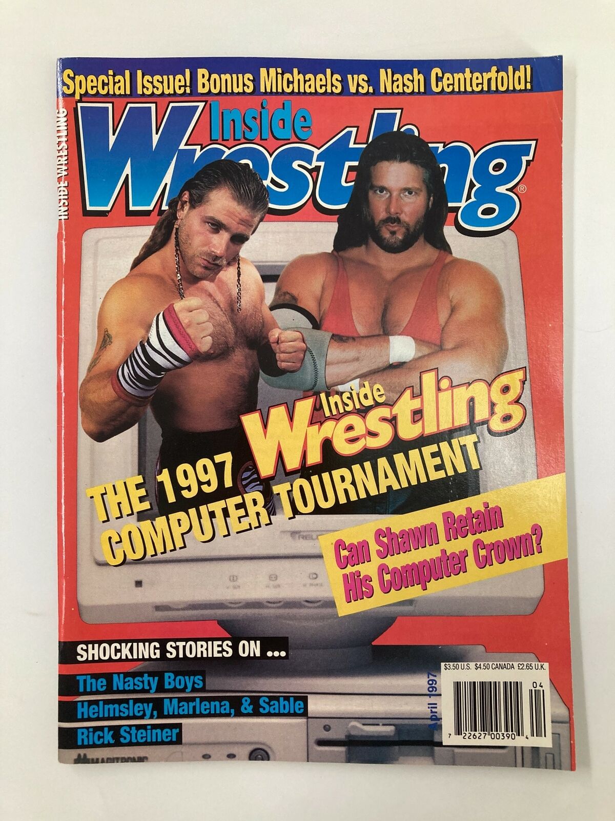 Cover of Inside Wrestling Magazine, April 1997 featuring Shawn Michaels and The Nasty Boys, highlighting the 1997 Computer Tournament.