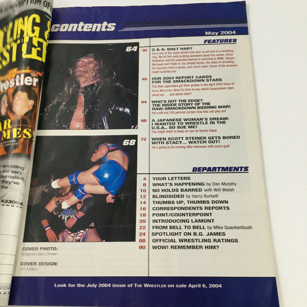 Inside page of The Wrestler Magazine May 2004 displaying the table of contents, including articles covering Bret Hart and the Smackdown bidding war.