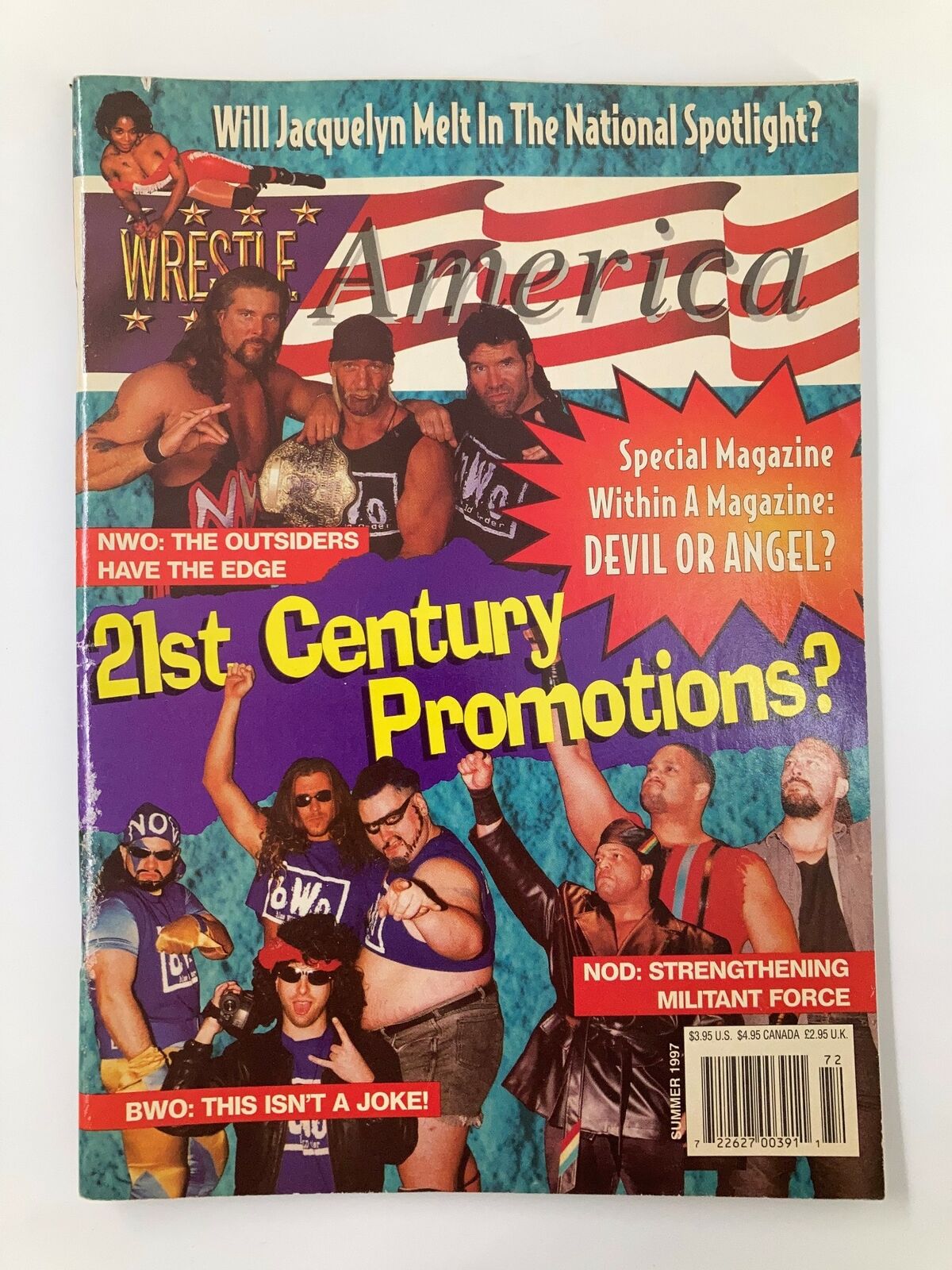 Wrestle America Magazine Summer 1997 featuring wrestling legends, NWO group including Scott Hall and Kevin Nash, highlighting the excitement of 90s wrestling.