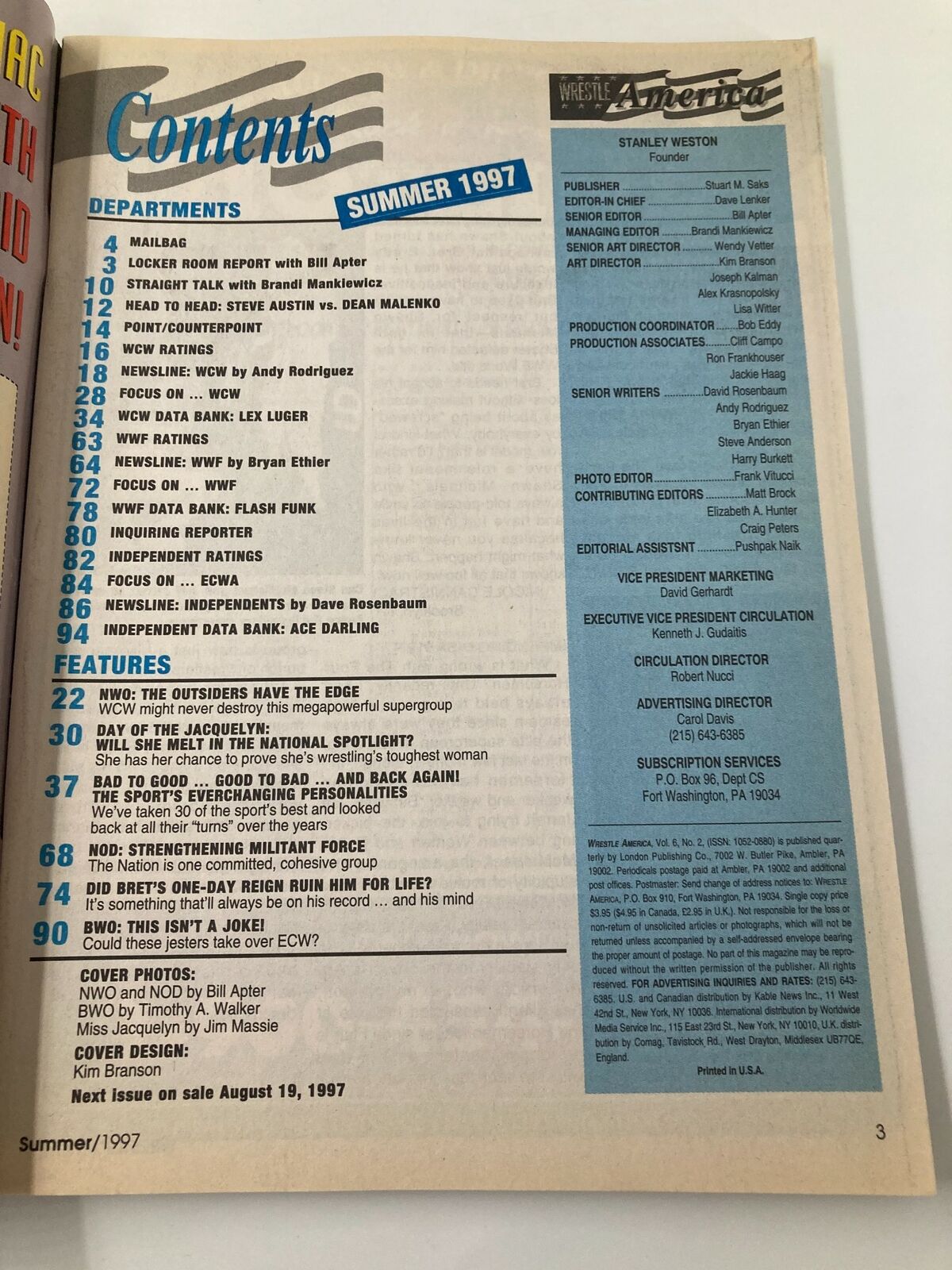 Contents page of Wrestle America Magazine Summer 1997 showcasing various articles and features on wrestling topics, including NWO and ECW highlights.