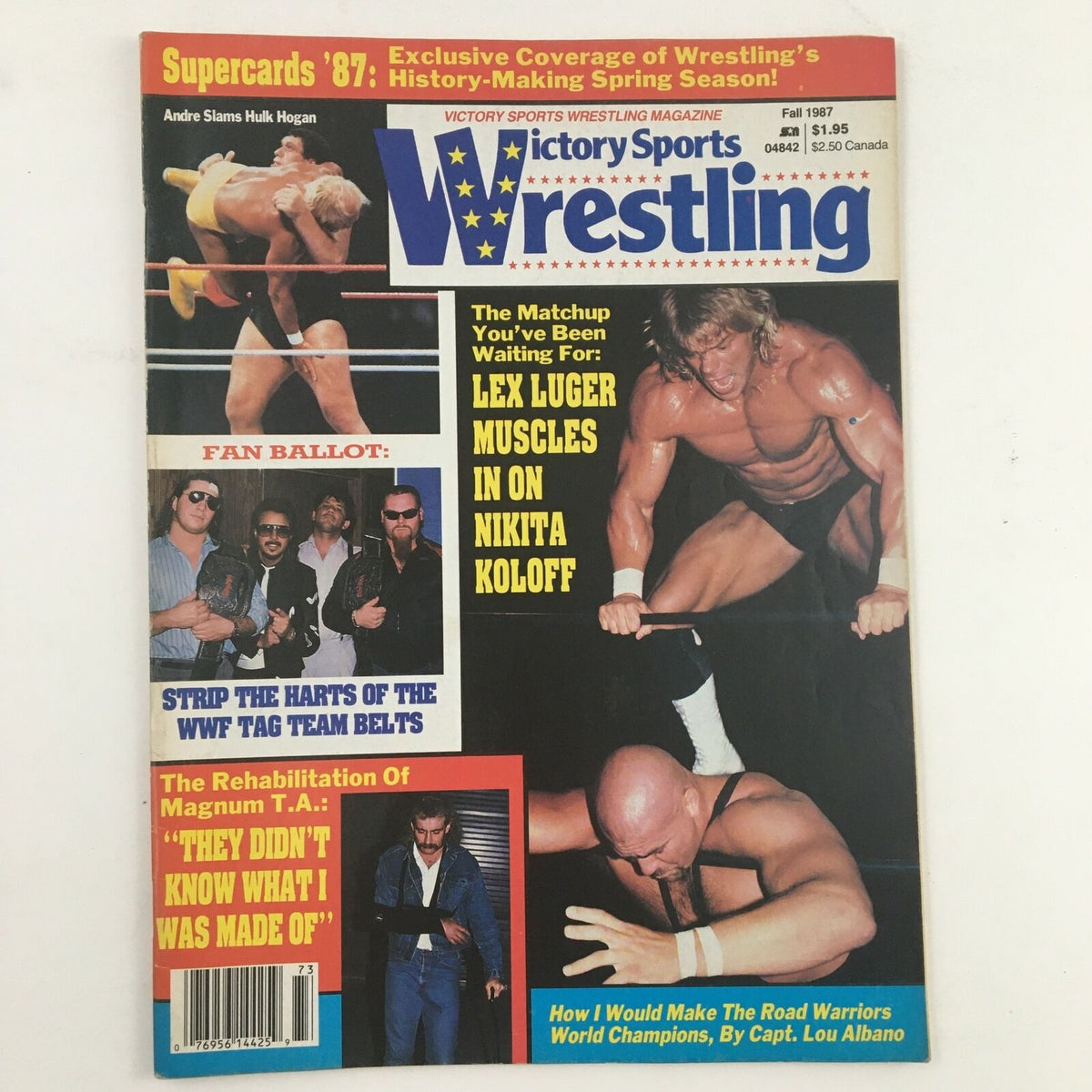 Victory Sports Wrestling Magazine Fall 1987 cover featuring Lex Luger and Nikita Koloff, highlighting their iconic matchup, along with images of wrestling legends and magazine details.