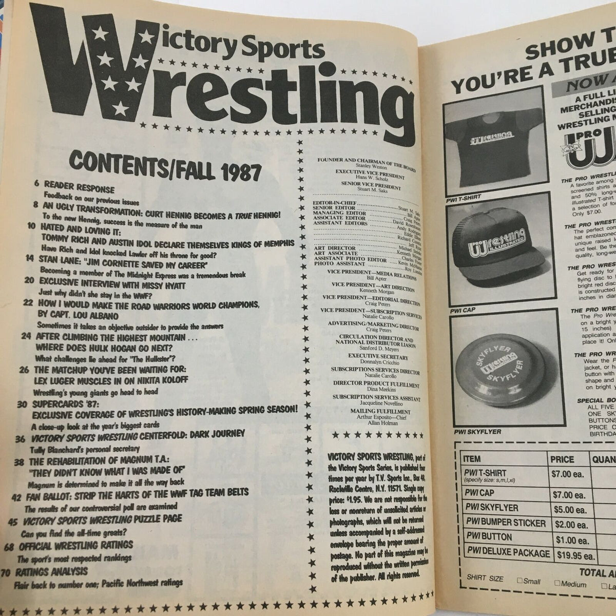 Inside pages of Victory Sports Wrestling Magazine Fall 1987 showcasing the table of contents and articles featuring Lex Luger vs Nikita Koloff.
