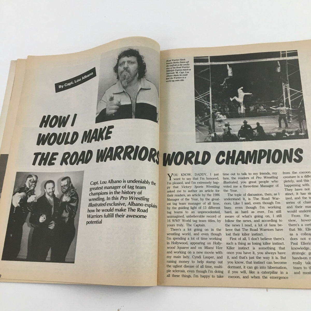 Article by Capt. Lou Albano in Victory Sports Wrestling Magazine Fall 1987 discussing how to make The Road Warriors World Champions.