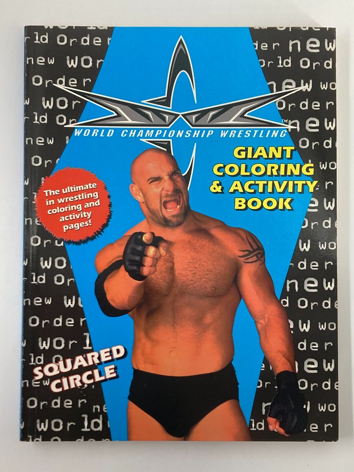 World Championship Wrestling Giant Coloring & Activity Book featuring Bill Goldberg on the cover, showcasing vibrant colors and dynamic wrestling graphics.