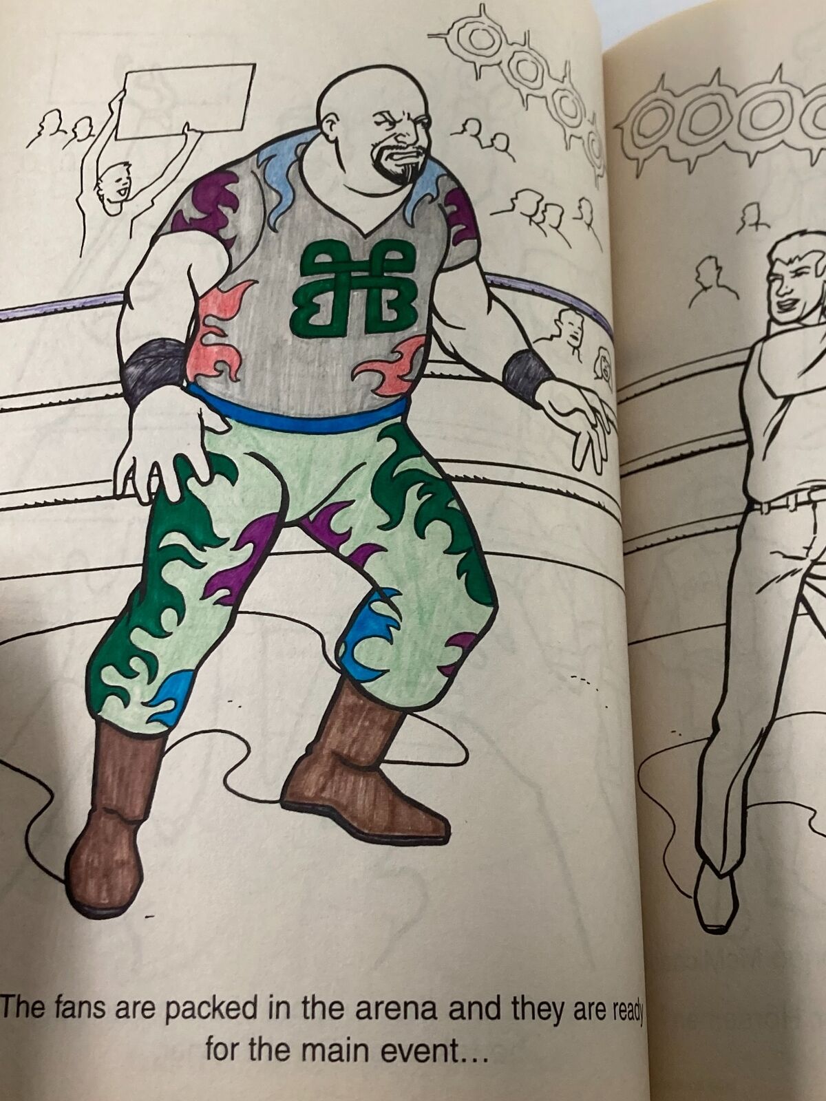 Inside page of World Championship Wrestling Giant Coloring & Activity Book, featuring a colored illustration of a wrestler in action, surrounded by an energetic crowd.