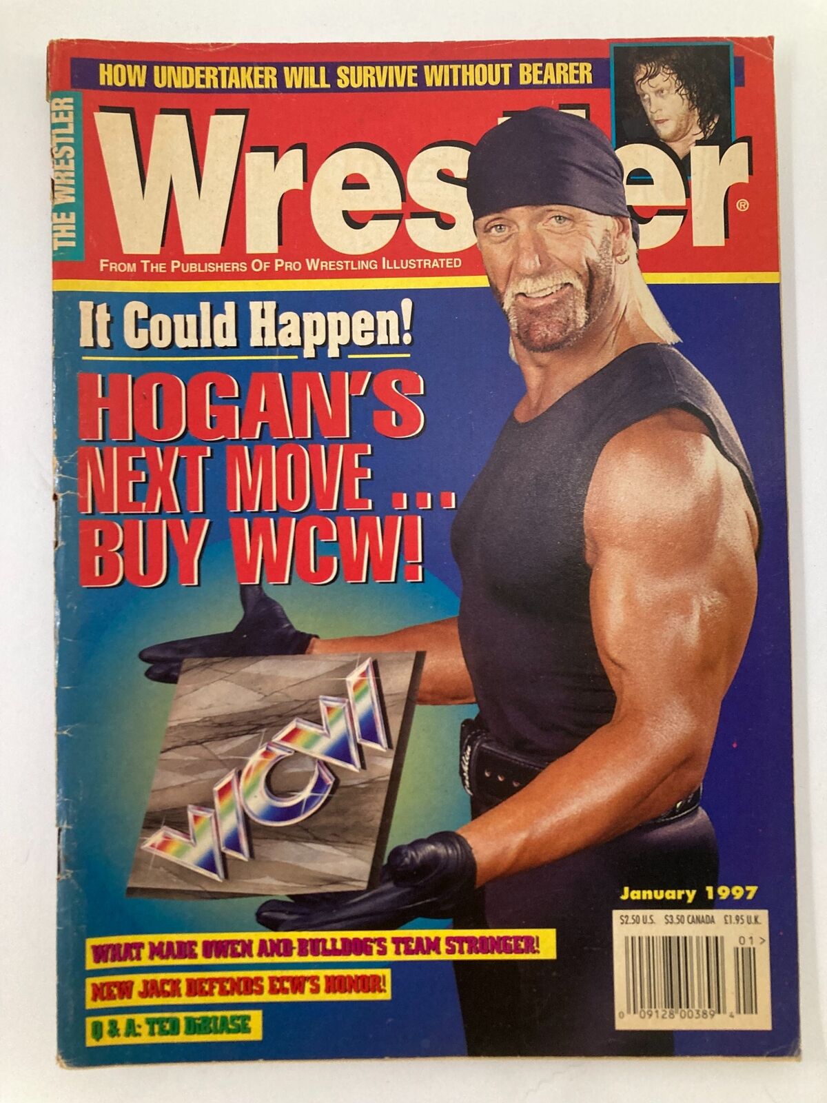 The Wrestler Magazine January 1997 featuring Hulk Hogan on the cover promoting his next move to WCW, showcasing vibrant colors and engaging headlines.