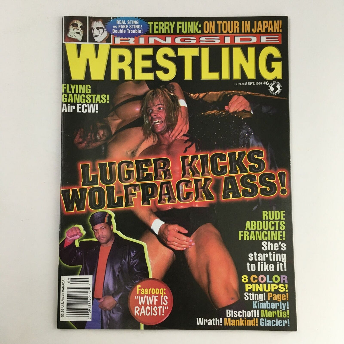 Ringside Wrestling Magazine September 1997 featuring Lex Luger on the cover, showcasing action-packed wrestling imagery with bold text declaring 'LUGER KICKS WOLFPACK ASS!'. This vintage issue includes a special poster and highlights iconic wrestling moments.