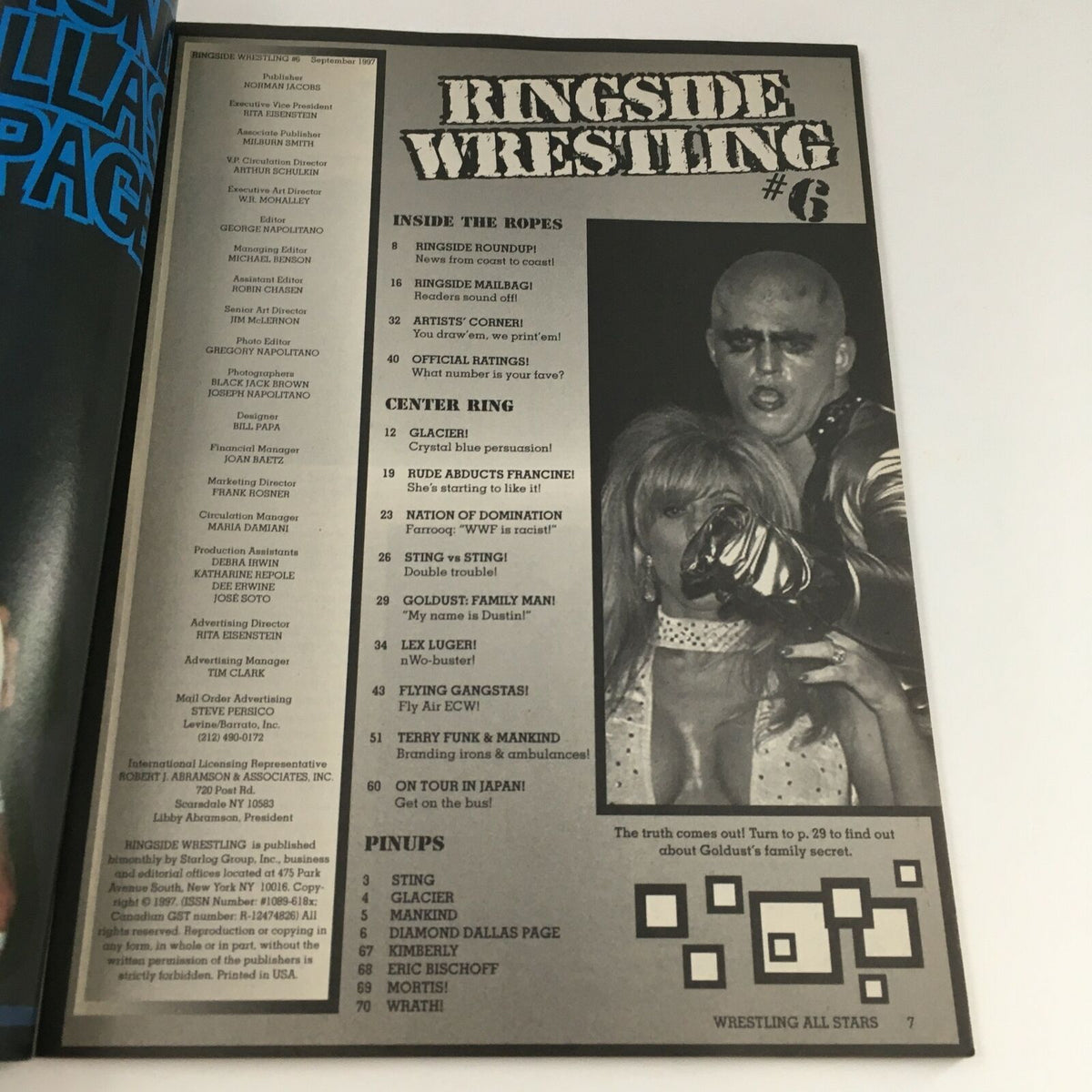 Inside page of Ringside Wrestling Magazine September 1997, displaying the table of contents with featured articles including Lex Luger. The layout highlights major sections and wrestlers featured in this collectible magazine.