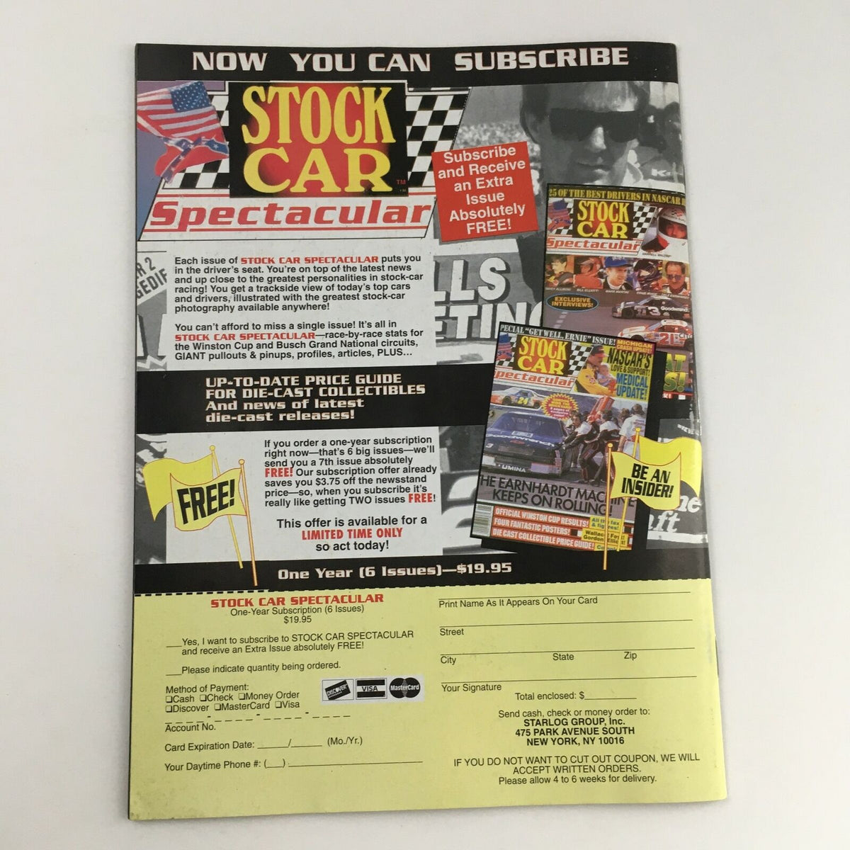 Subscription offer page for Stock Car Spectacular magazine included in Ringside Wrestling Magazine September 1997. Features details on die-cast collectibles and special promotions.